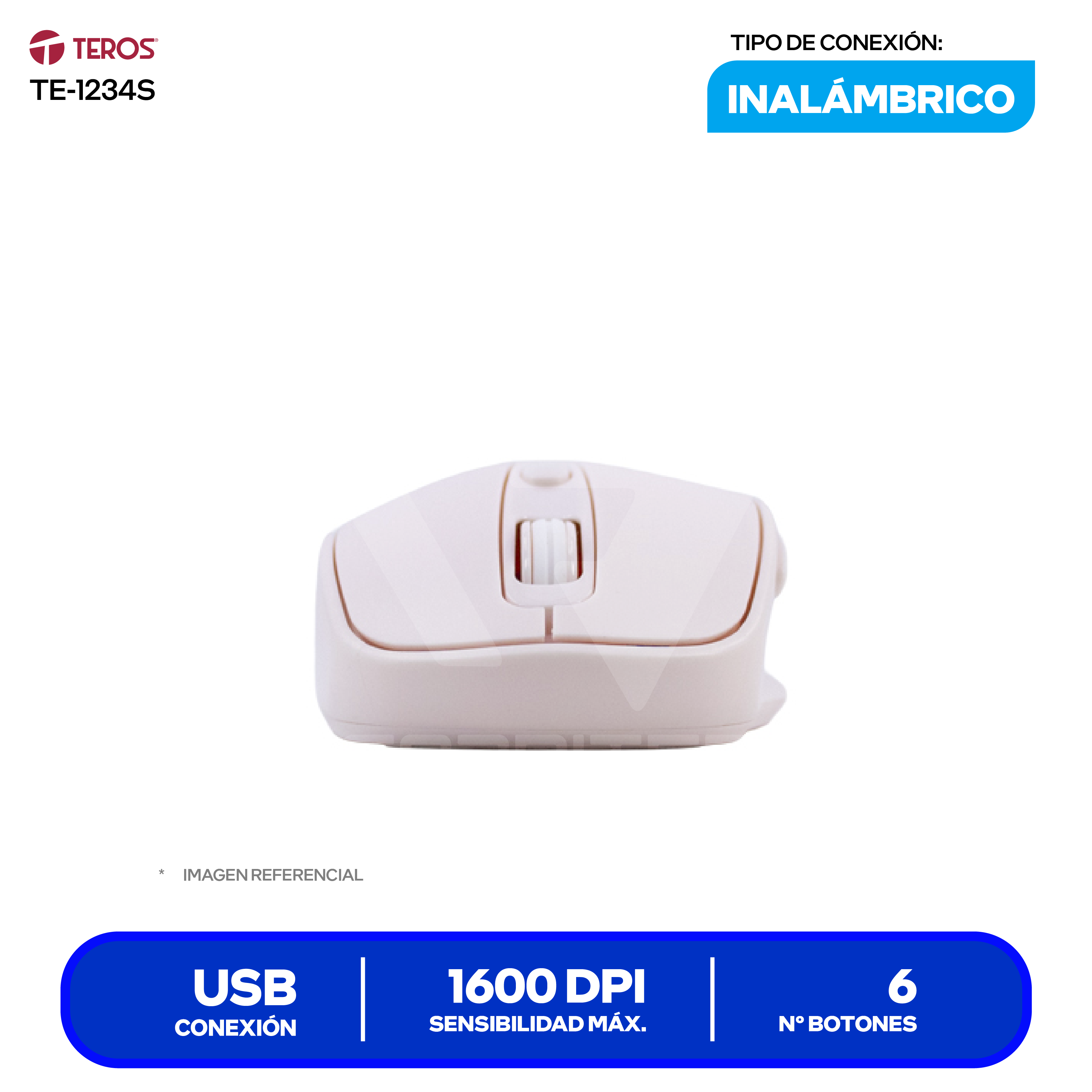 Mouse Óptico Inalámbrico Teros (TE-1234S) Rosado, 1600 DPI