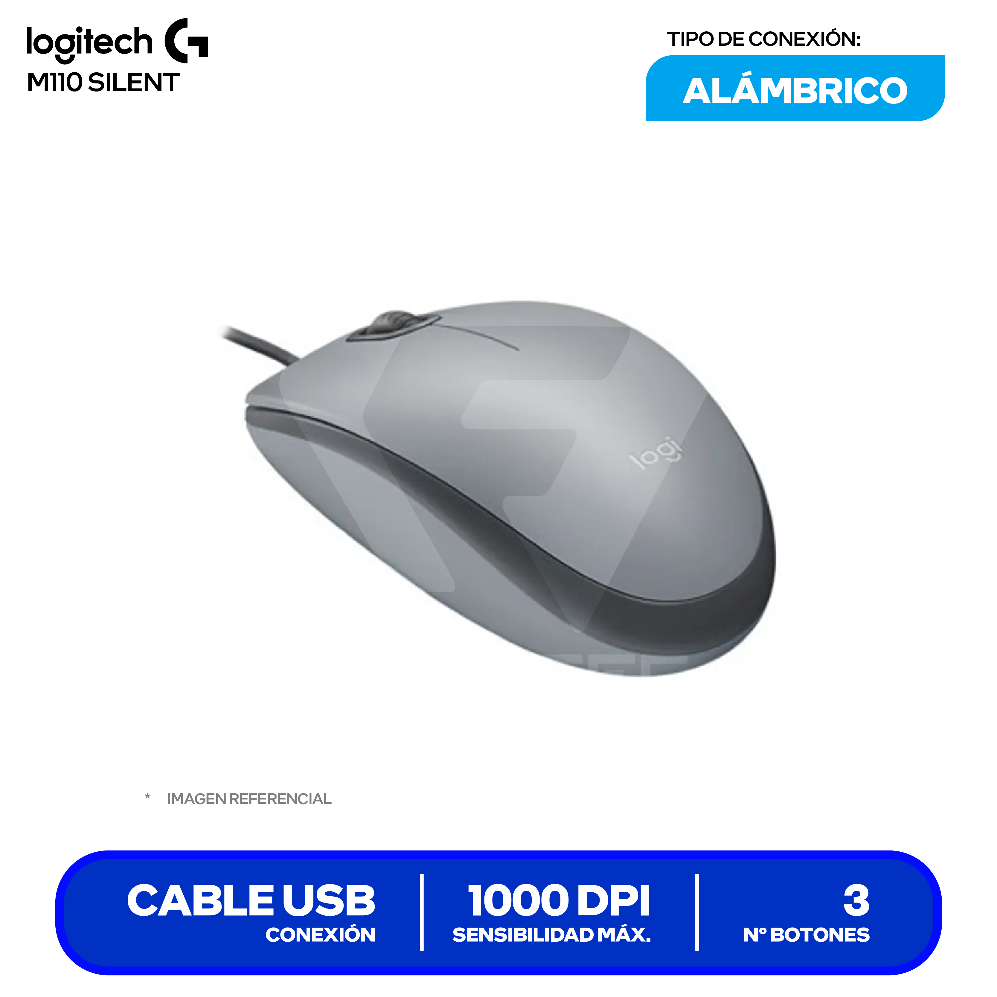 Mouse Alámbrico Logitech M110 Silent ( 910-006757 ) Gris 1000 DPI