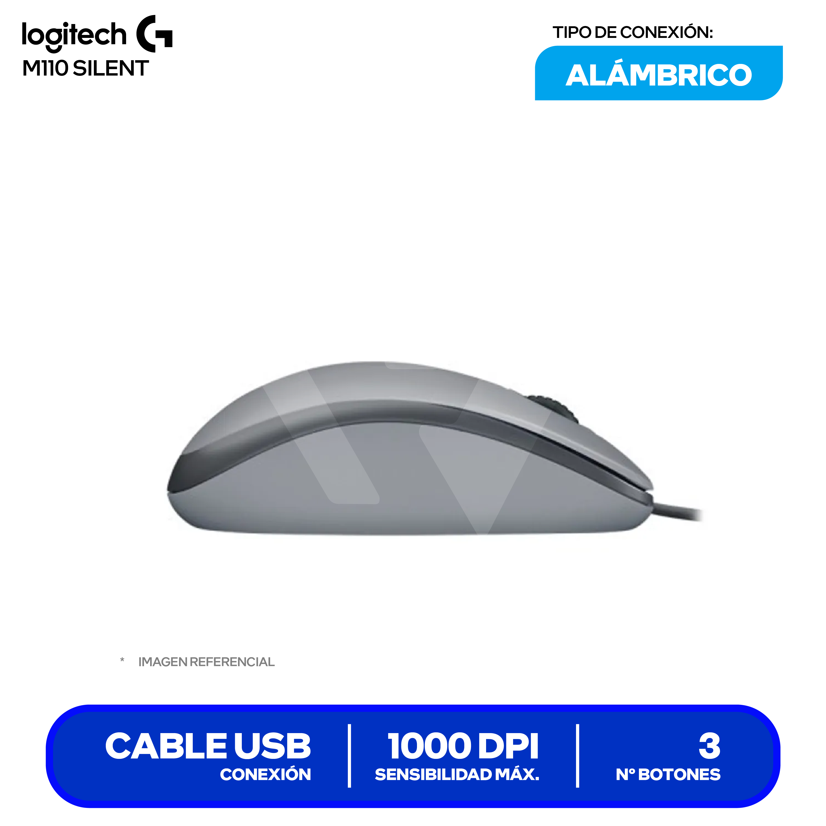 Mouse Alámbrico Logitech M110 Silent ( 910-006757 ) Gris 1000 DPI