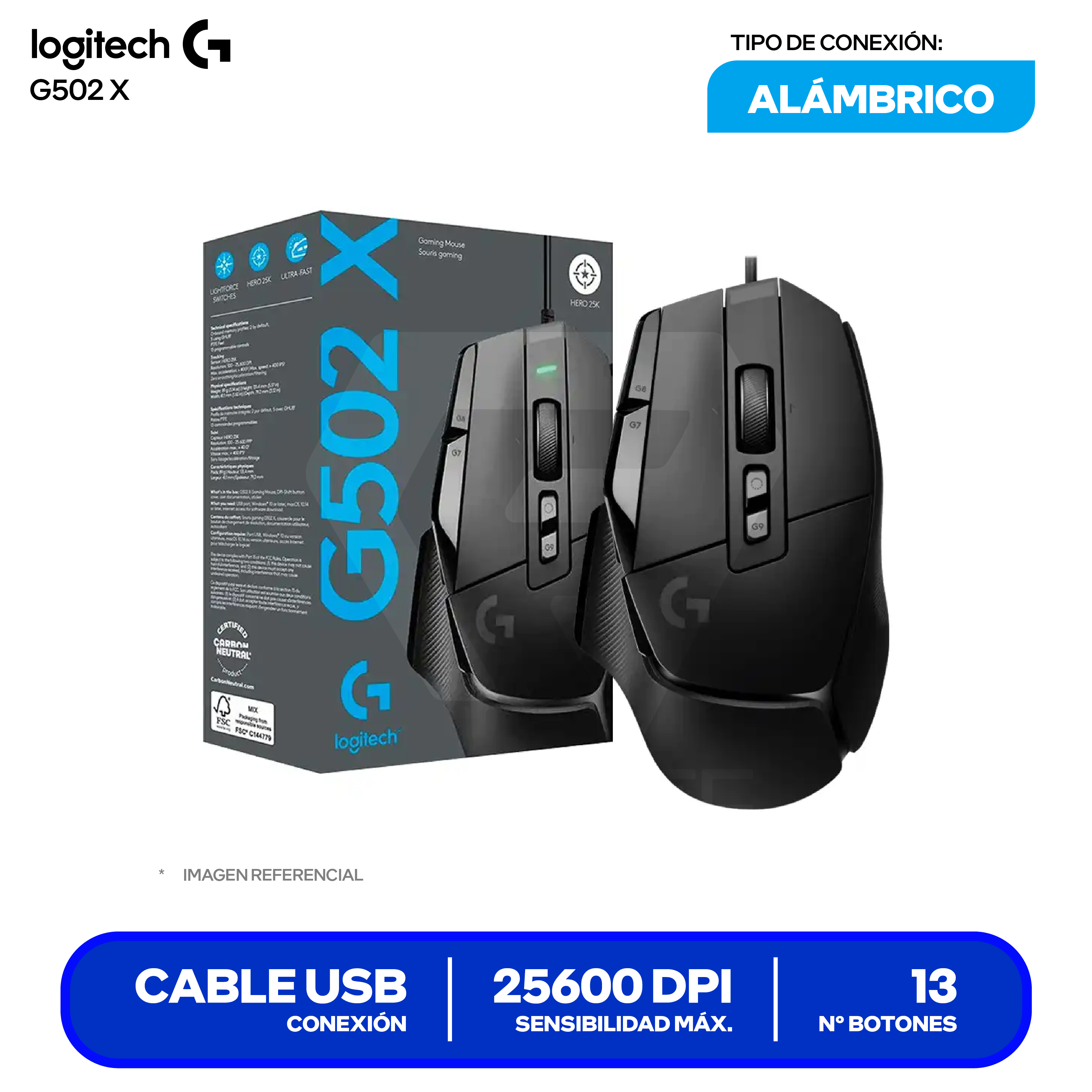 Mouse Gamer Logitech G502 X ( 910-006137 ) Negro 25.600 DPI