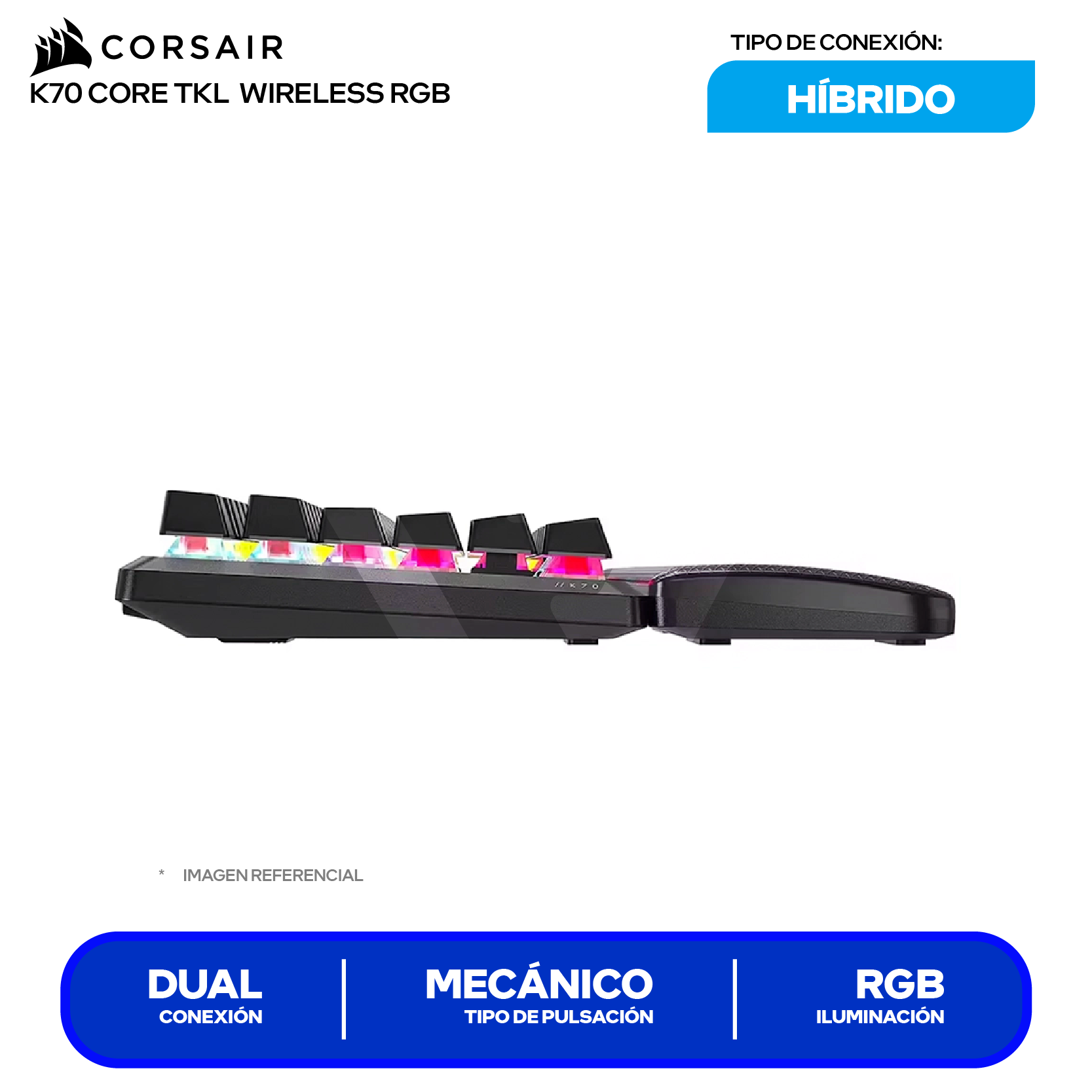 Teclado Gamer Inalámbrico Corsair K70 CORE TKL (CH-914901E-NA) Mecánico, RGB