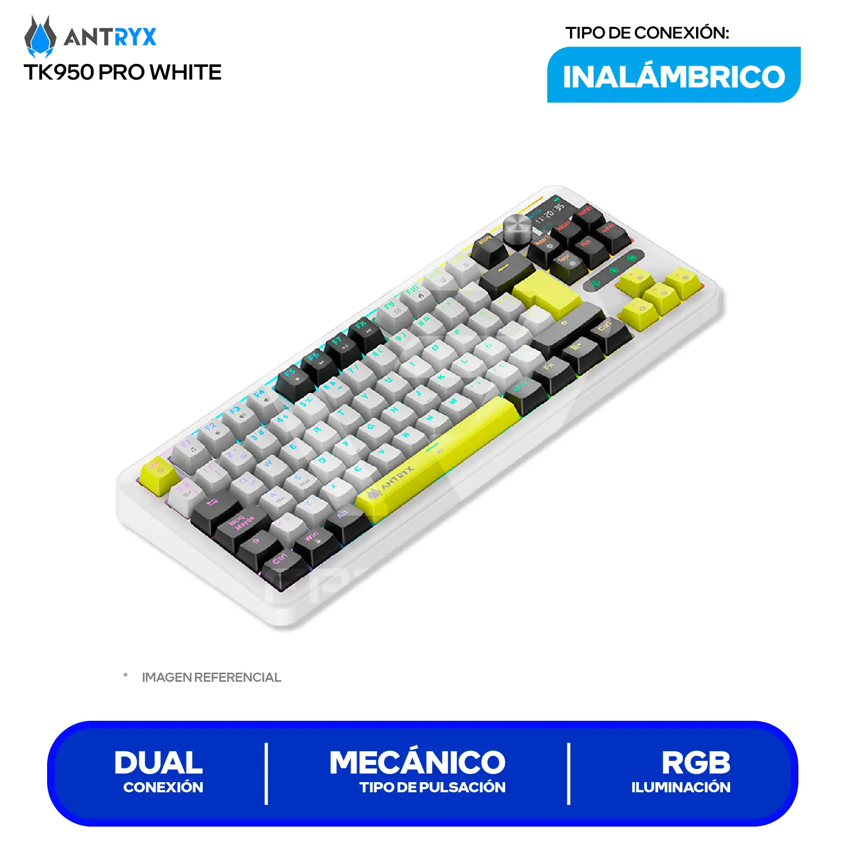 Teclado Gamer Inalámbrico Antryx TK950 PRO WHITE ( ATK-950PWGBL-SP ) Switch Blue, Mecánico