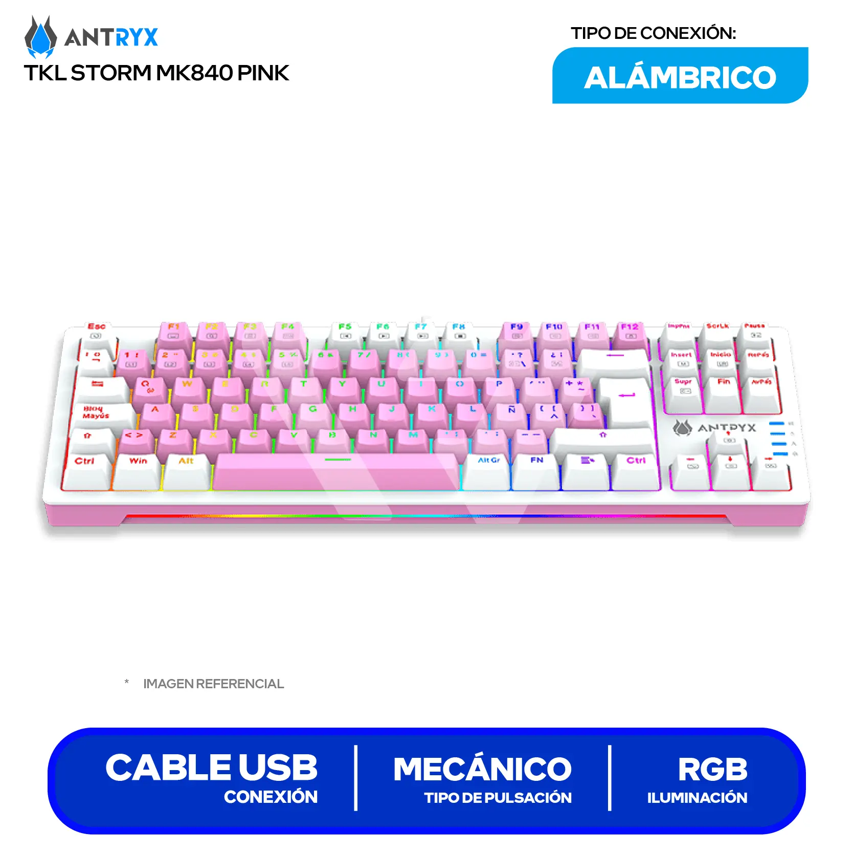 Teclado Gamer Antryx MK-840 Pink ( AMK-CS840PRE-SP )  Switch Blue, Mecánico RGB