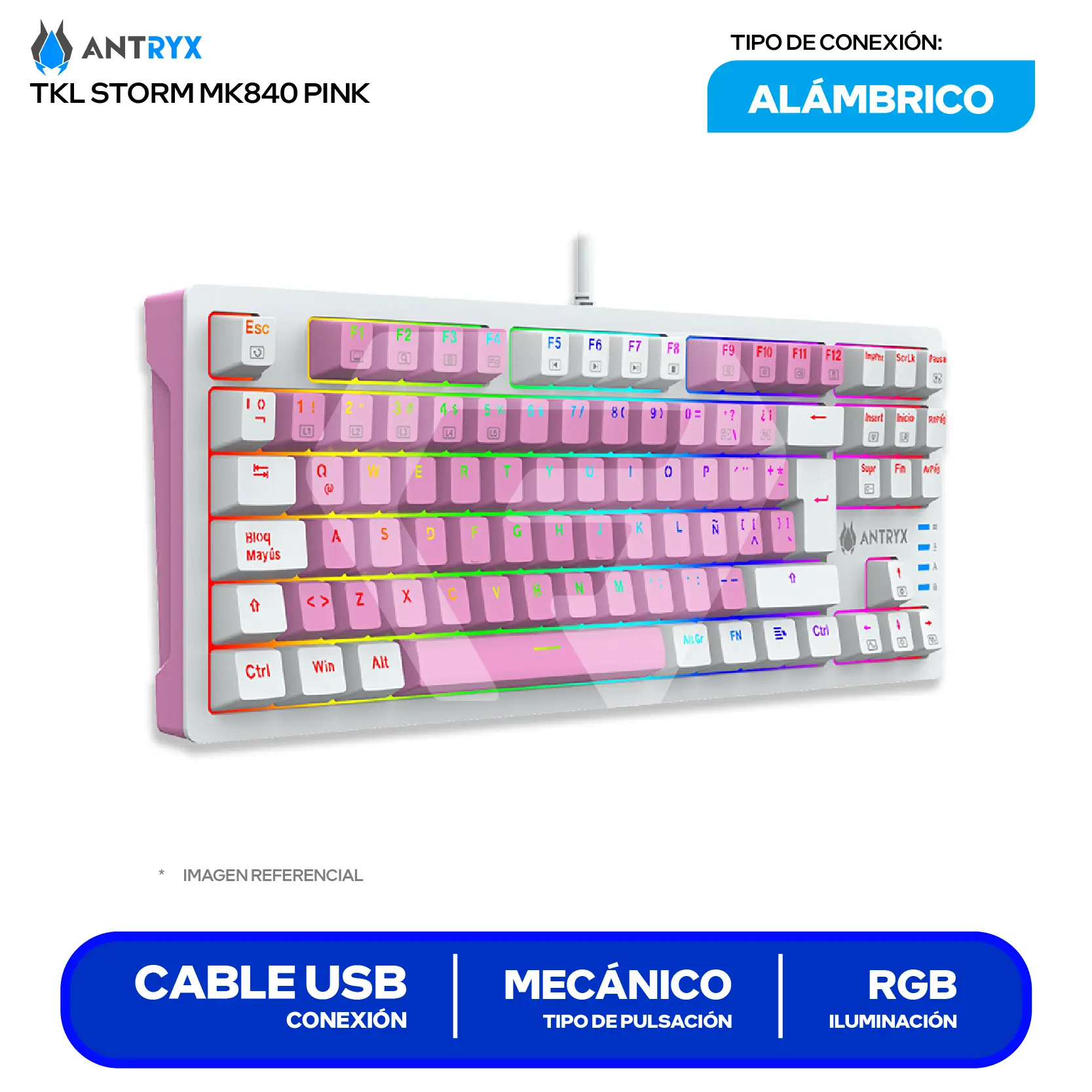 Teclado Gamer Antryx MK-840 Pink ( AMK-CS840PRE-SP )  Switch Blue, Mecánico RGB