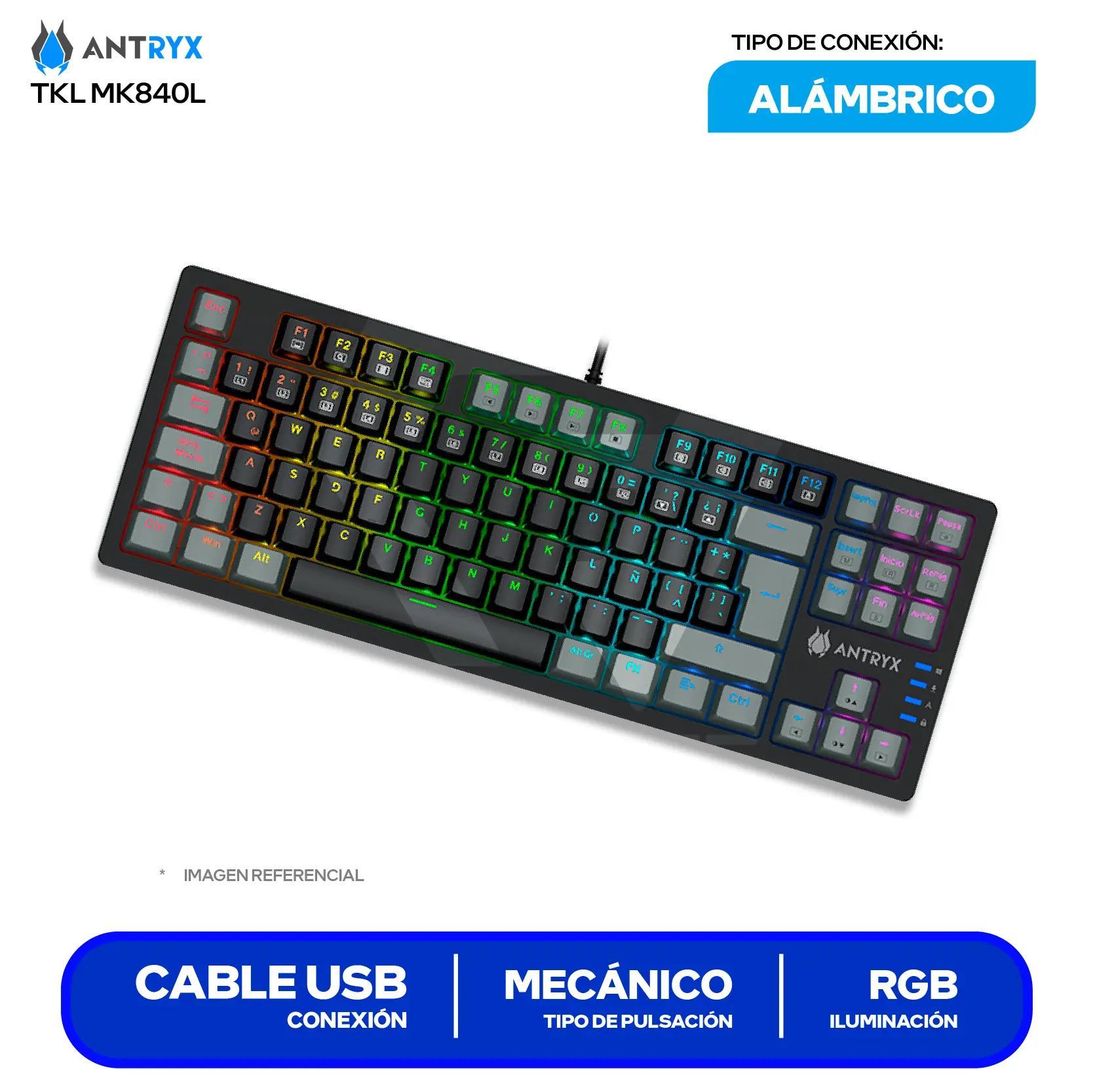 Teclado Gamer Antryx MK-840L Negro C/ Gris ( AMK-840LKGBLR1-SP )  Switch Blue, Mecánico RGB