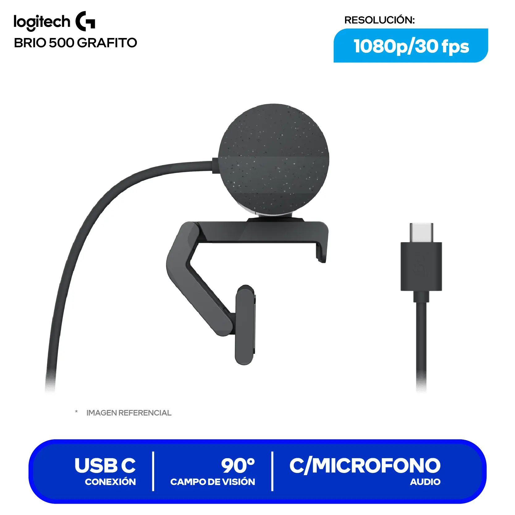 Cámara Web Logitech Brio 500 Negro (960-001412) Full HD 1080p, Micrófono integrado