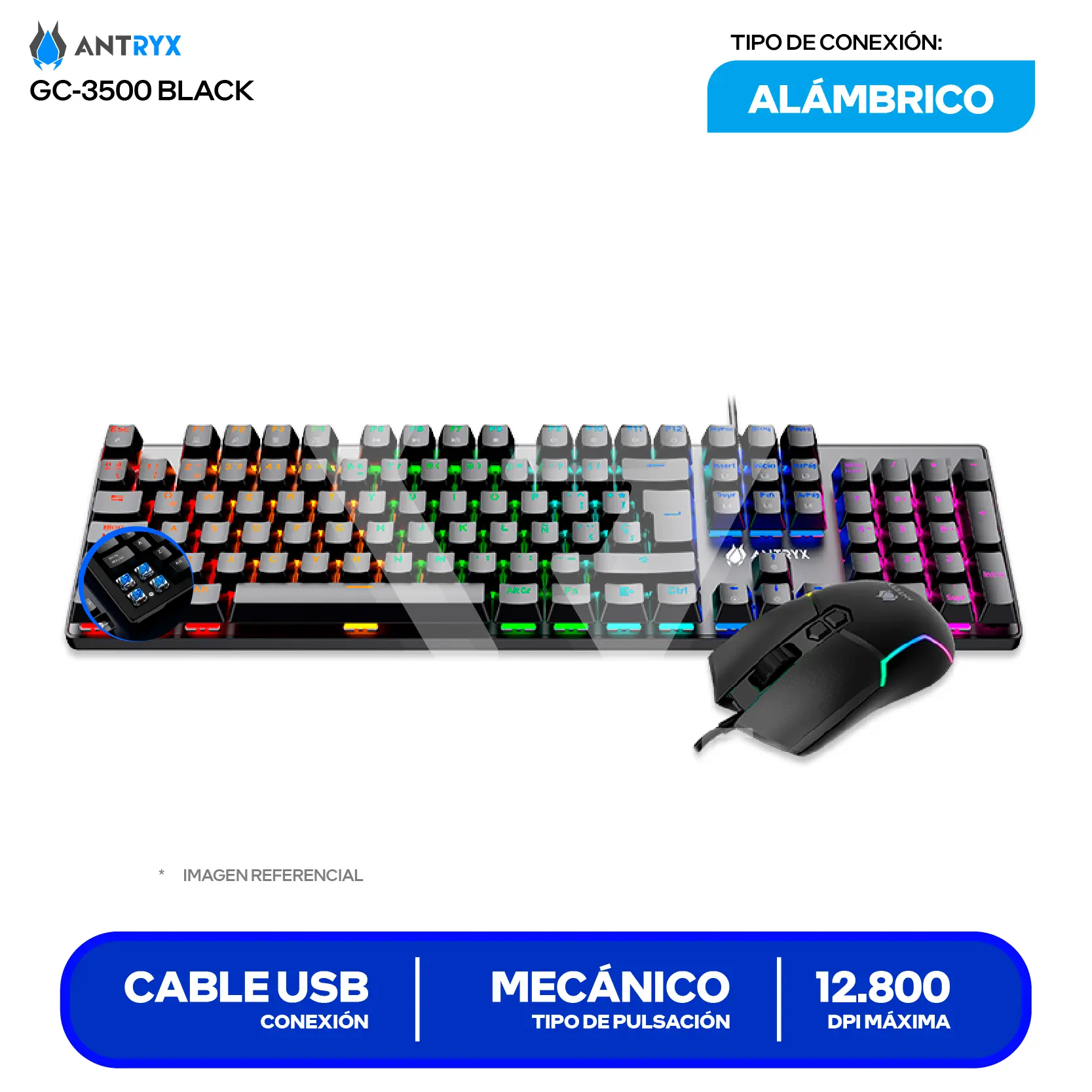 Kit Teclado + Mouse Gamer Antryx GC-3500 (AGC-3500KBL-SP) Switch Blue, RGB, 12800 DPI