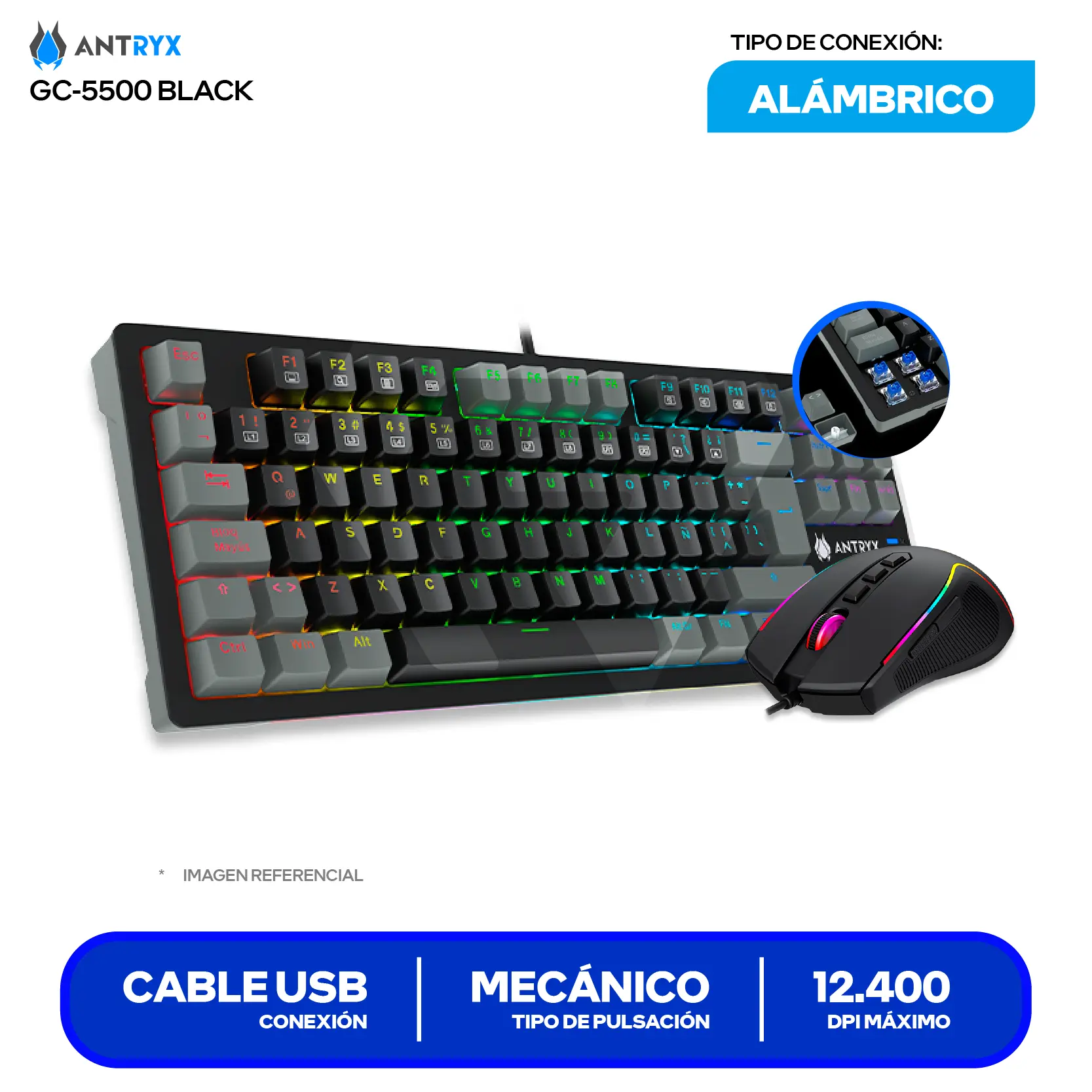Kit Teclado + Mouse Gamer Antryx GC-5500 (AGC-5500KBL-SP) Switch Blue, RGB, 12400 DPI