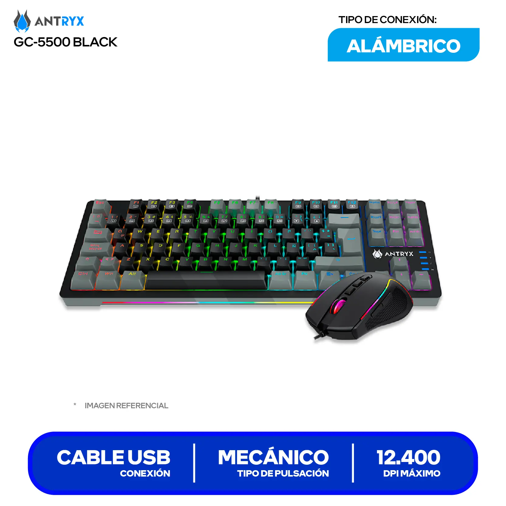 Kit Teclado + Mouse Gamer Antryx GC-5500 (AGC-5500KBL-SP) Switch Blue, RGB, 12400 DPI