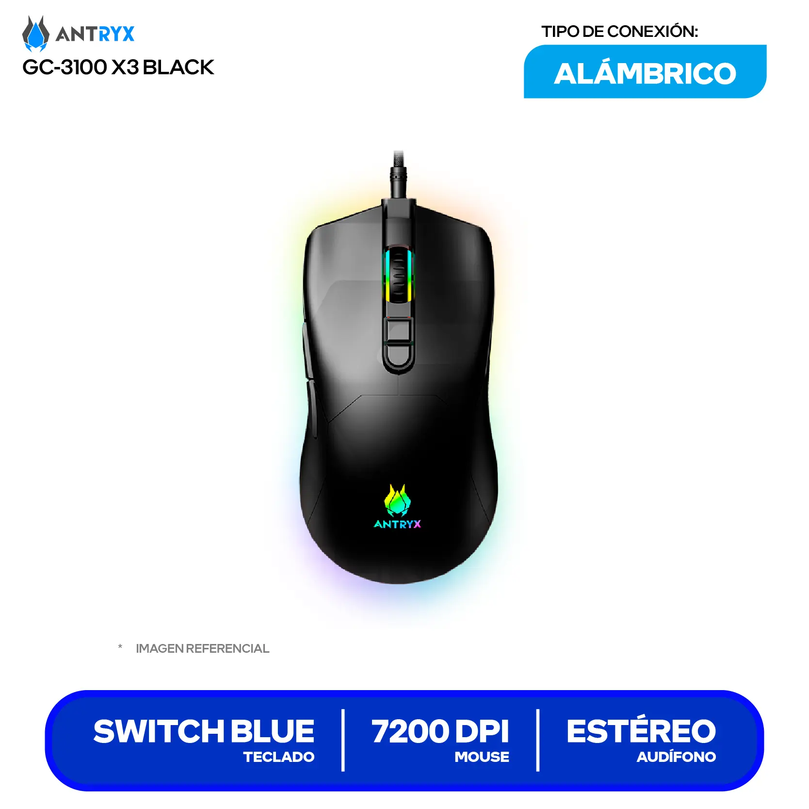 Kit Teclado + Mouse Gamer Antryx GC-3100 X3 Black (AGC-3100X3KBL-SP) Switch Blue, RGB, 7200 DPI