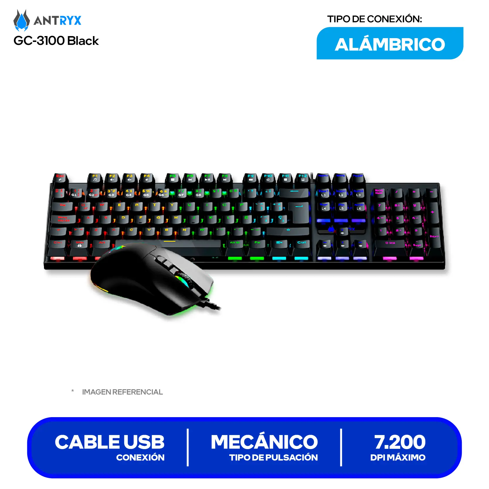 Kit Teclado + Mouse Gamer Antryx GC-3100 Negro (AGC-3100KBL-SP) Switch Azul, RGB, 7200 DPI