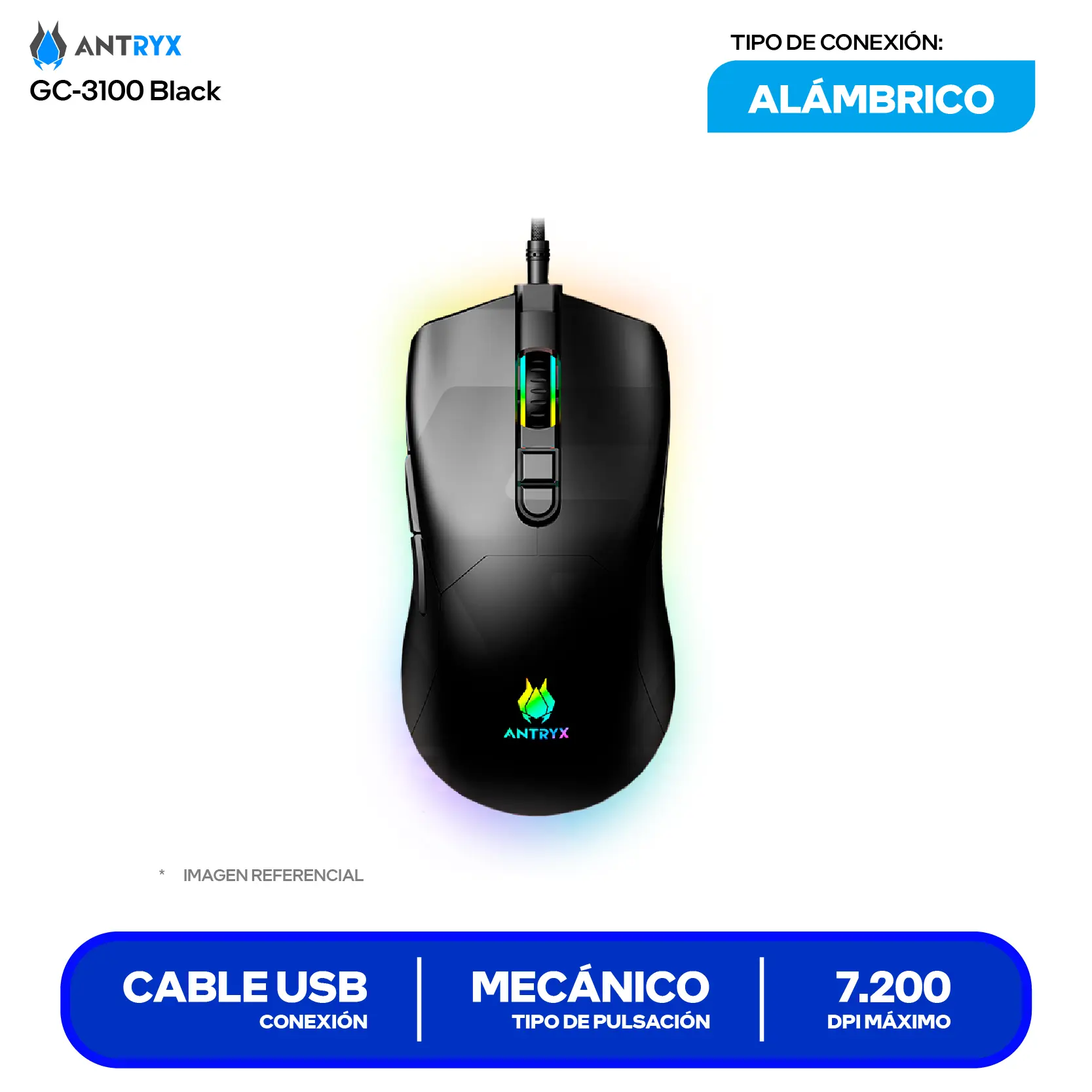 Kit Teclado + Mouse Gamer Antryx GC-3100 Negro (AGC-3100KBL-SP) Switch Azul, RGB, 7200 DPI