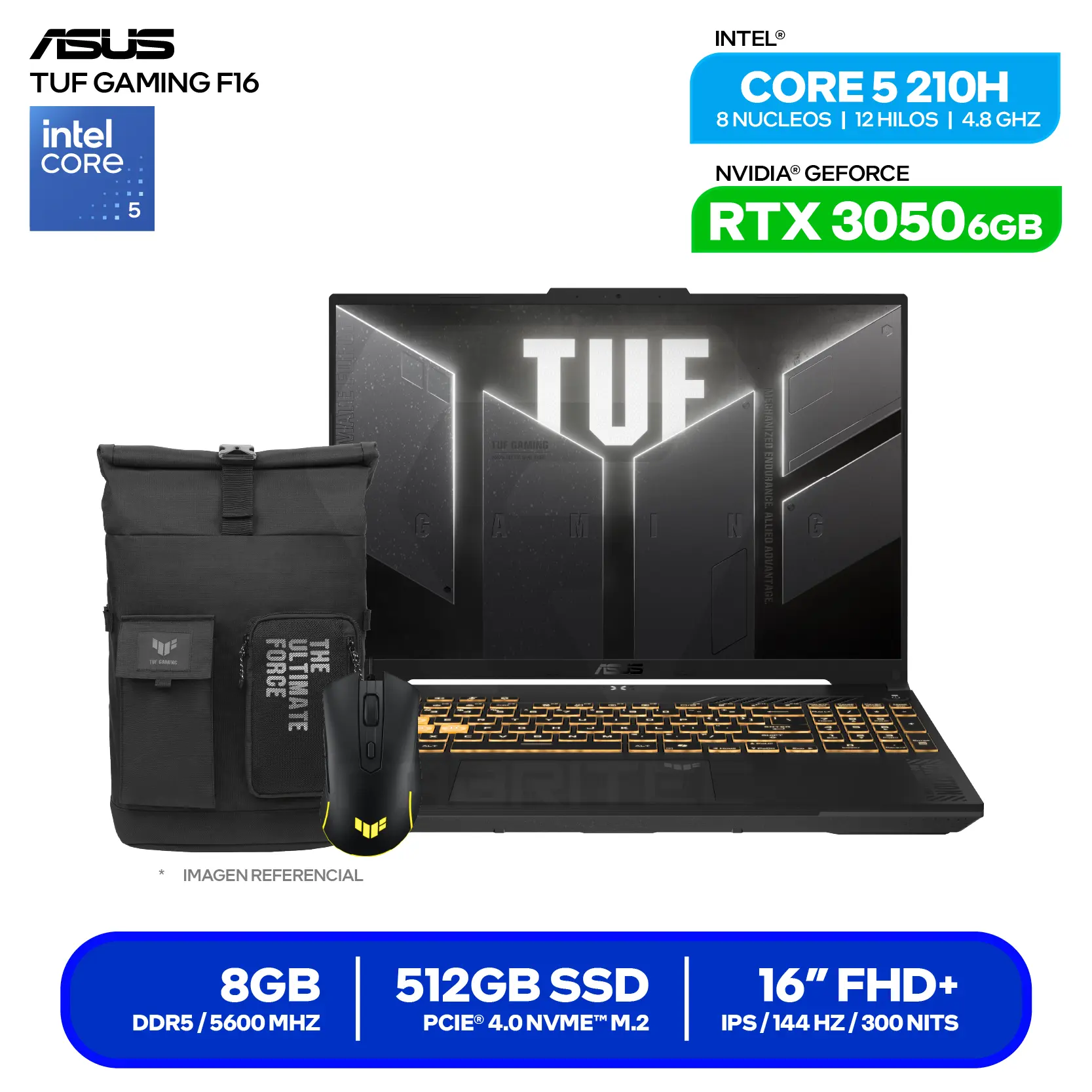 Laptop Asus Tuf Gaming F16 FX607VJB-RL209 (90NR0MZ6-M00B80) Intel Core 5-210H, GeForce RTX 3050 6GB, RAM 8GB, SSD 51GB, 16'' FHD+, FreeDos