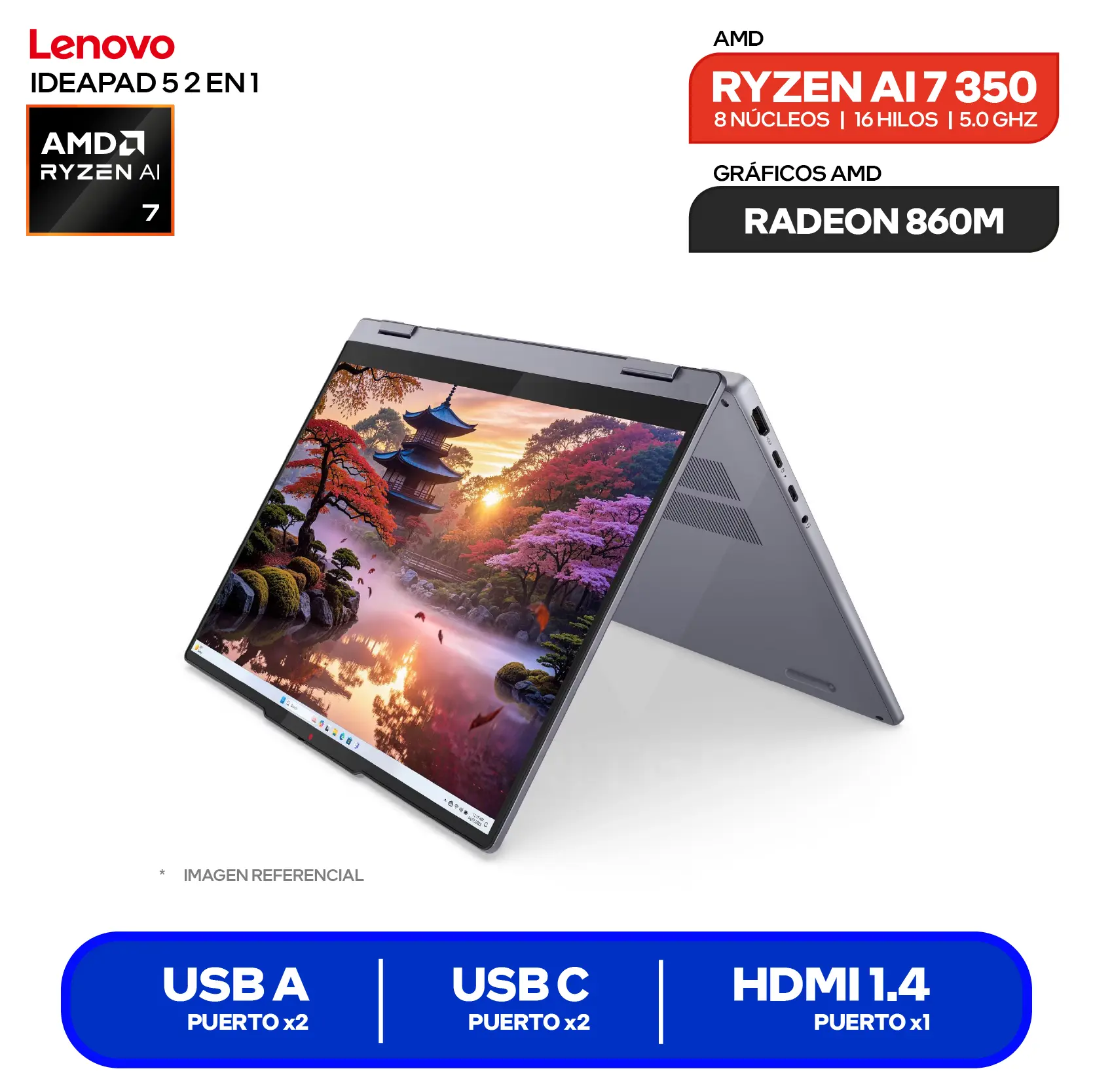 Laptop Lenovo IdeaPad 5 2 en 1 14AKP10 (83KT006NLM) AMD Ryzen AI 7 350, RAM 16GB, SSD 512GB, 14'' FHD+ Táctil C/Lápiz, FreeDos