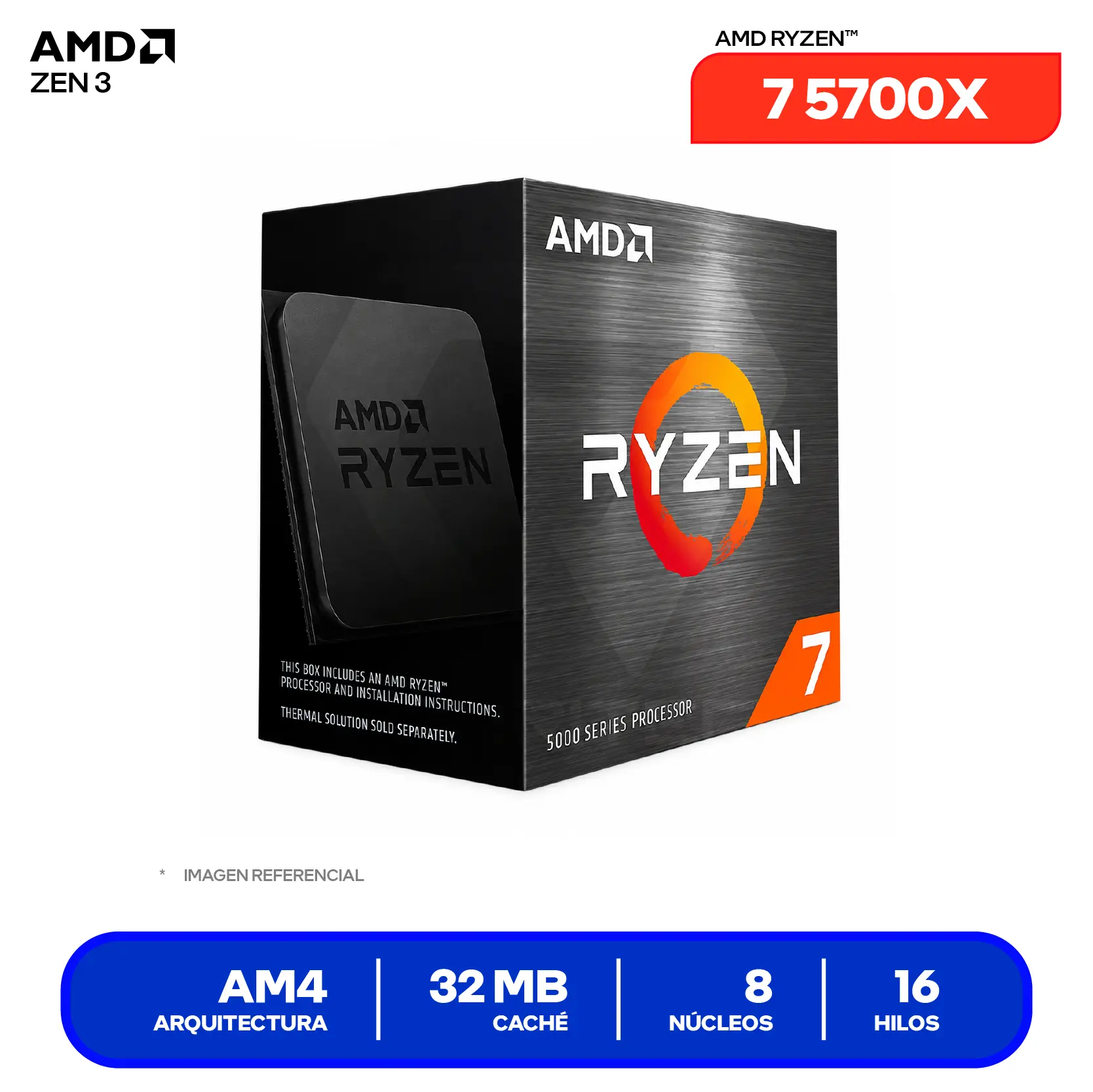 Procesador AMD Ryzen 7 5700X (100-100000926WOF) 3.4 GHz / 4.6 GHz, 8 Núcleos, AM4