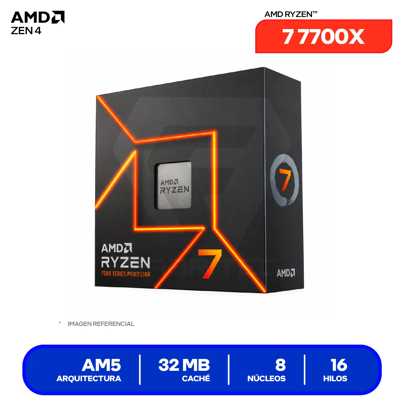 Procesador AMD Ryzen 7 7700X (100-100000591WOF) 4.5 GHz / 5.4 GHz, 8 Núcleos, AM5