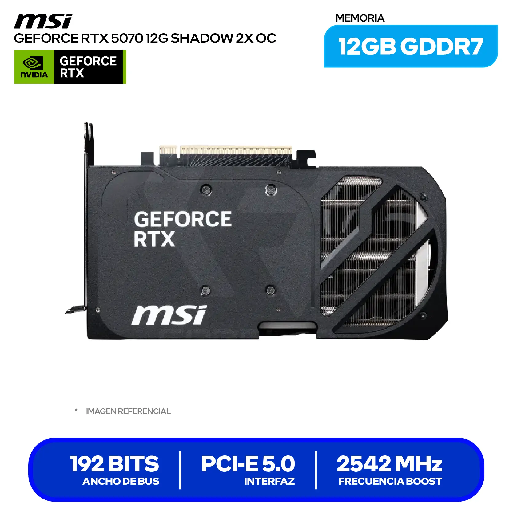 Tarjeta de video MSI GeForce RTX 5070 Shadow X2 OC 12GB (G5070-12S2C) GDDR7, 3x DisplayPort, 1x HDMI