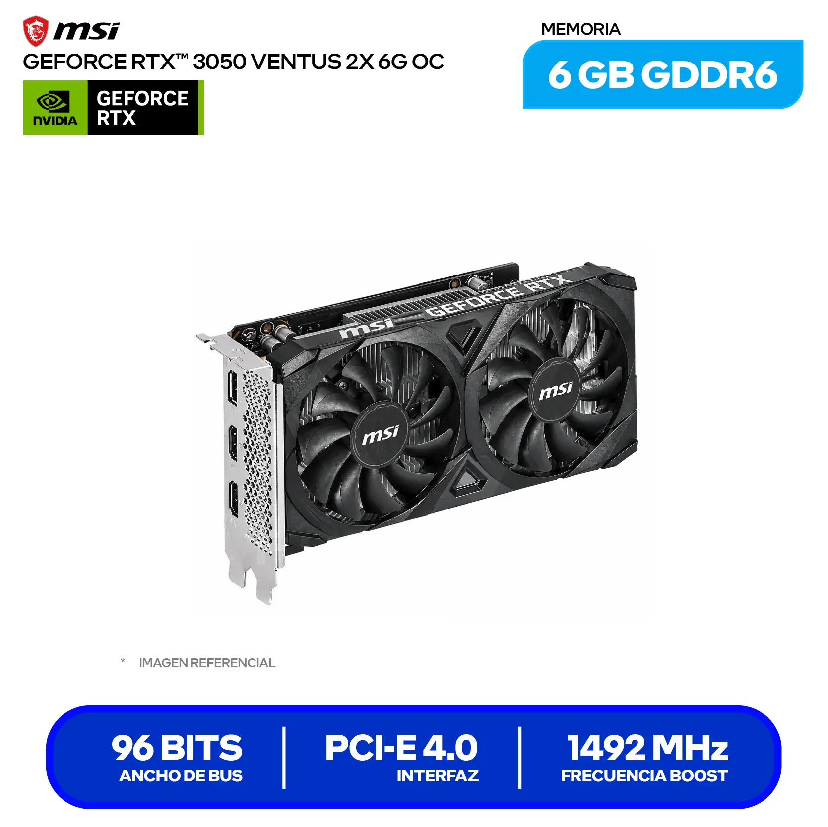 Tarjeta de video MSI NVIDIA GeForce RTX 3050 6GB OC (RTX 3050 LP 6G OC) GDDR6, 1x DisplayPort, 2x HDMI