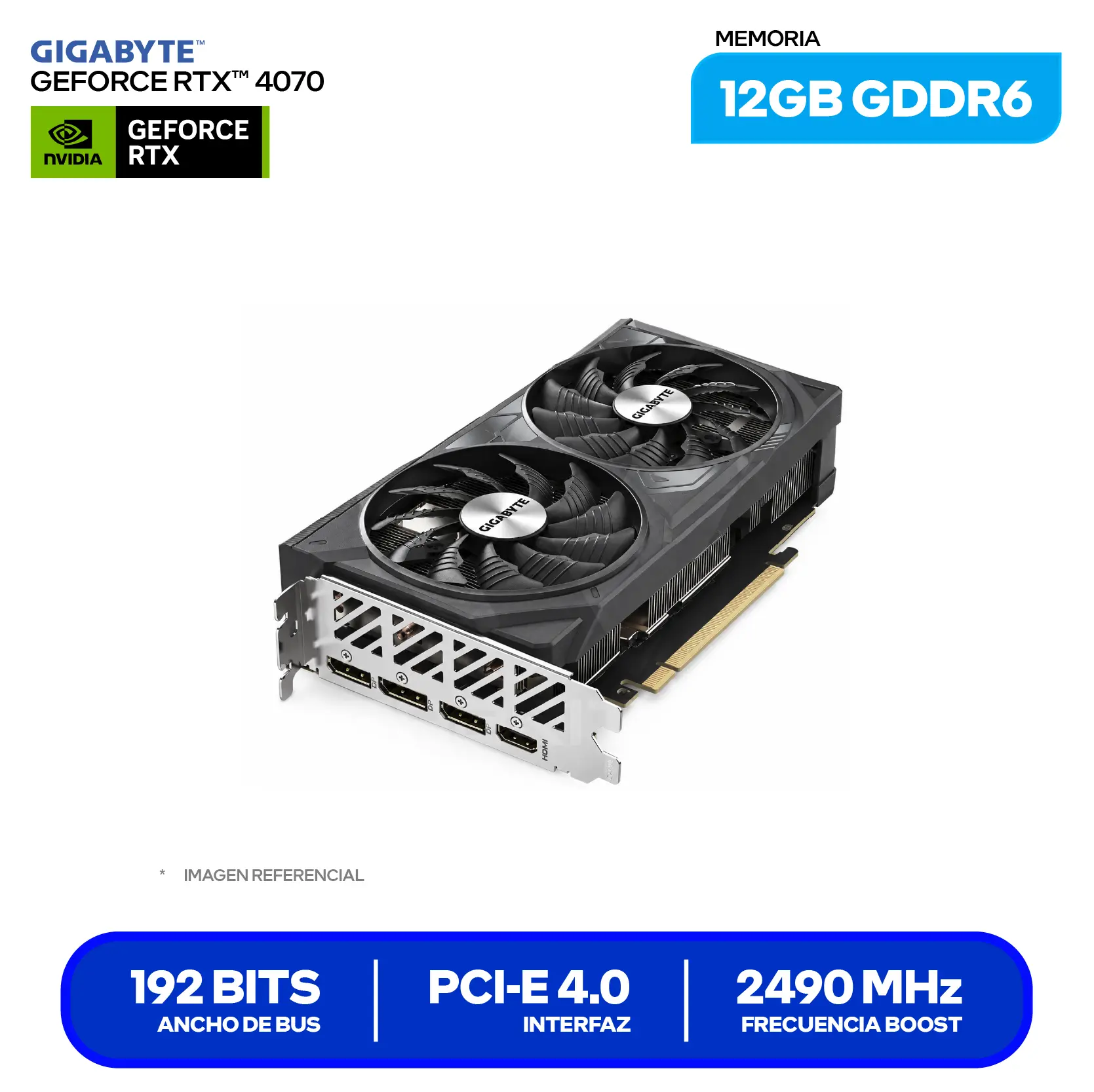 Tarjeta de video Gigabyte NVIDIA GeForce RTX 4070 12GB OC GDDR6 Windforce 2X V2 (GV-N4070WF2OCV2-12GD) GDDR6, 3x DisplayPort, 1x HDMI