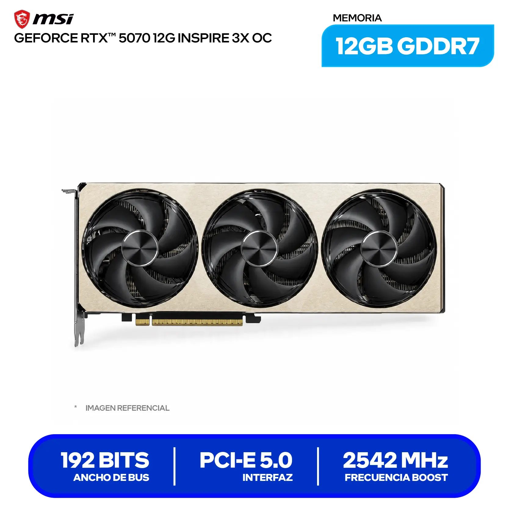 Tarjeta de video MSI NVIDIA GeForce RTX 5070 Inspire 3X OC 12GB (912-V532-211) GDDR7, 3x DisplayPort, 1x HDMI