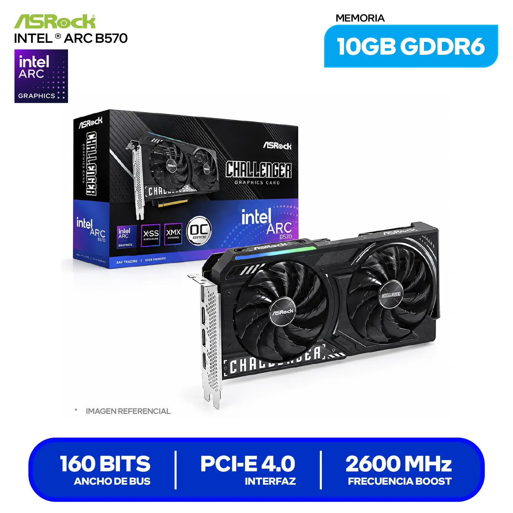 Tarjeta de video ASRock Intel Arc B570 Challenger 10GB OC (90-GA5KZZ-00UANZ) GDDR6, 3x DisplayPort, 1x HDMI
