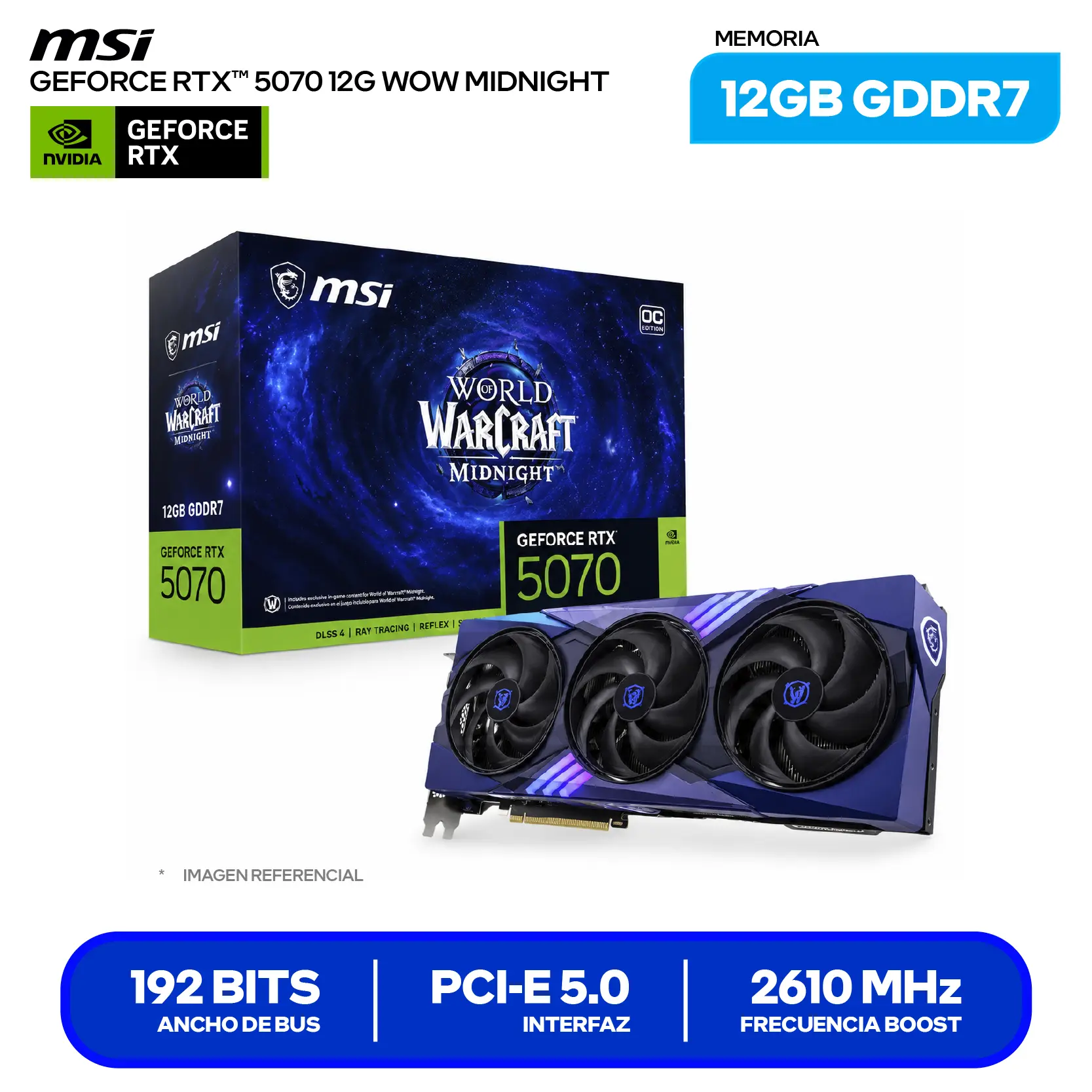 Tarjeta de video MSI GeForce RTX 5070 World of Warcraft Midnight Void Edition OC 12GB (G507012WMVEC) GDDR7, 3x DisplayPort 2.1, 1x HDMI 2.1