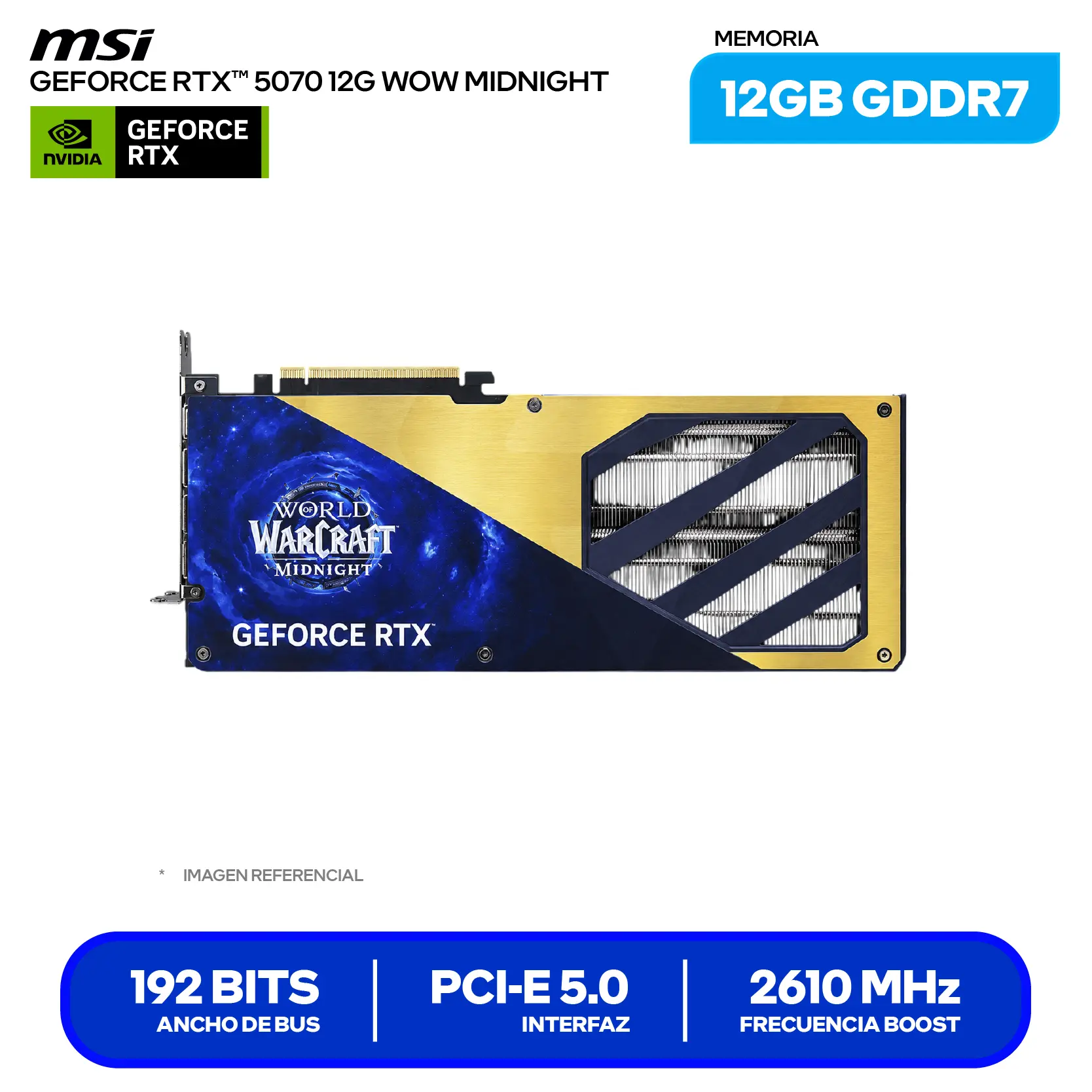 Tarjeta de video MSI GeForce RTX 5070 World of Warcraft Midnight Void Edition OC 12GB (G507012WMVEC) GDDR7, 3x DisplayPort 2.1, 1x HDMI 2.1