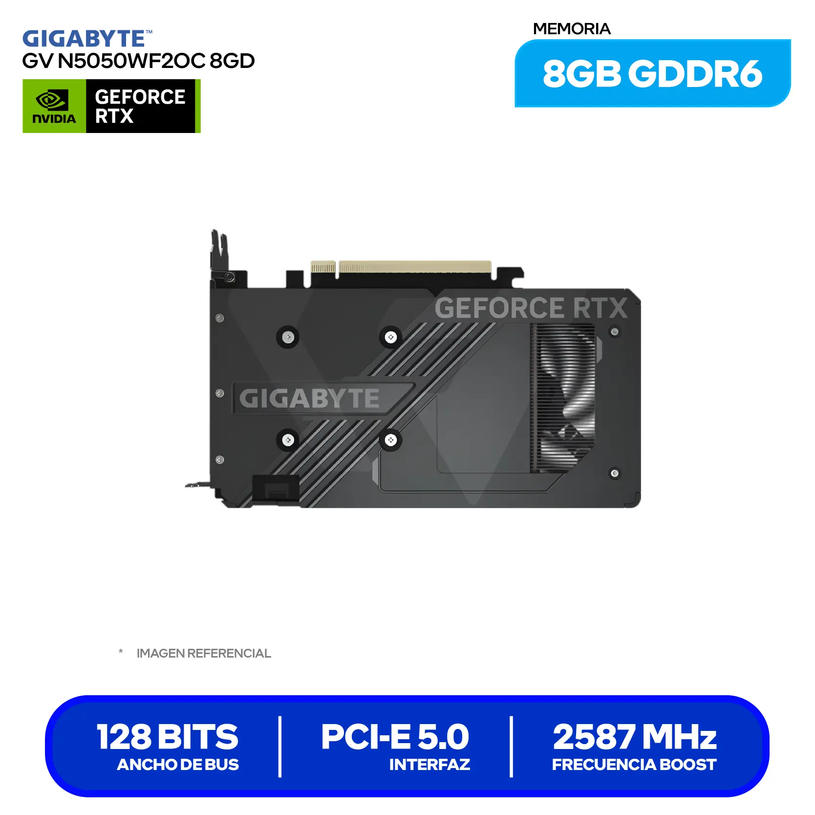 Tarjeta de video GIGABYTE NVIDIA GeForce RTX 5050 WINDFORCE OC 8GB (GV-N5050WF2OC-8GD) GDDR6, 2x DisplayPort 2.1, 2x HDMI 2.1