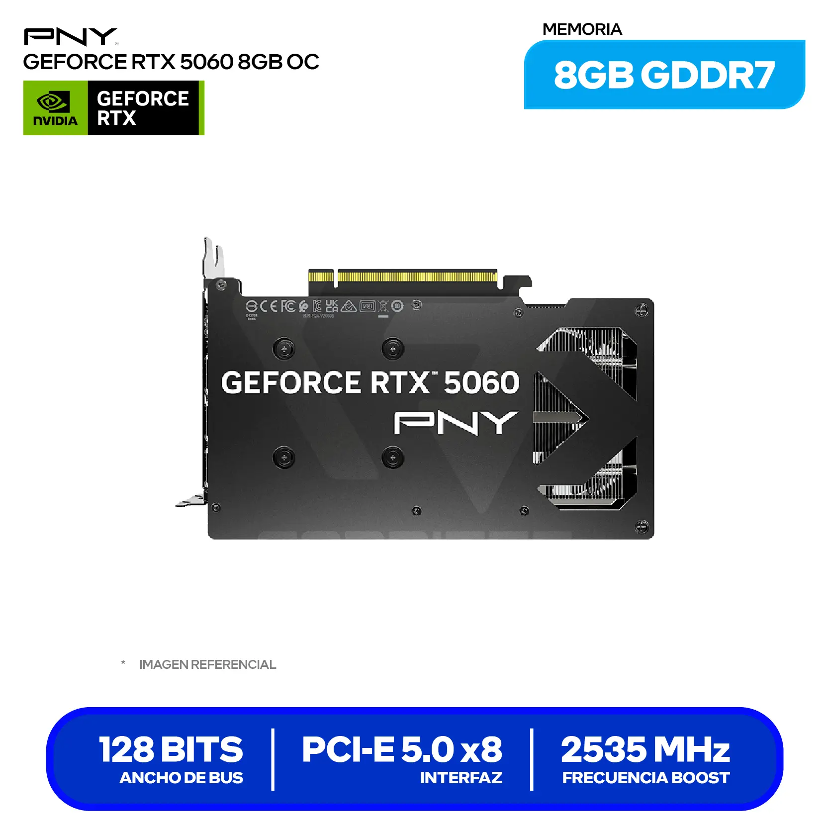 Tarjeta de video PNY GeForce NVIDIA RTX 5060 8GB OC (VCG50608DFXPB1-O) GDDR7, 3x DisplayPort 2.1, HDMI 2.1