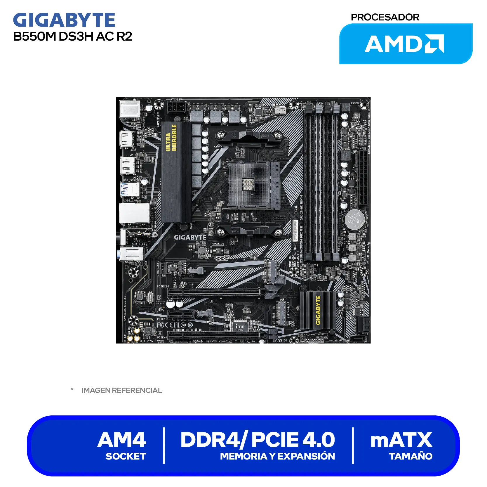 Placa madre Gigabyte B550M DS3H AC R2 (B550M DS3H AC R2) AM4, DDR4, mATX, Wi-Fi