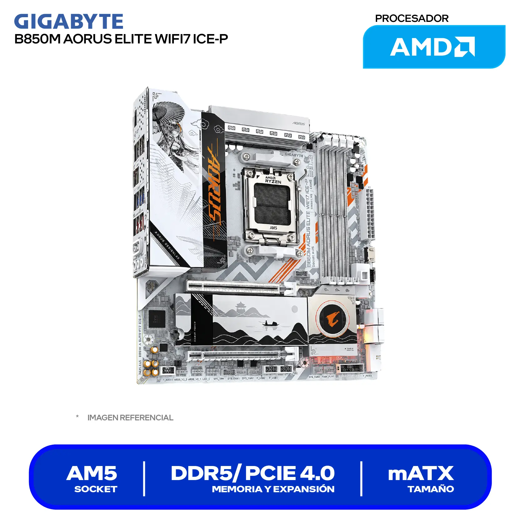 Placa madre Gigabyte B850M Aorus Elite WiFi7 ICE-P (9MB85ME7P-00-G11) AM5, DDR5, mATX, Wi-Fi 7