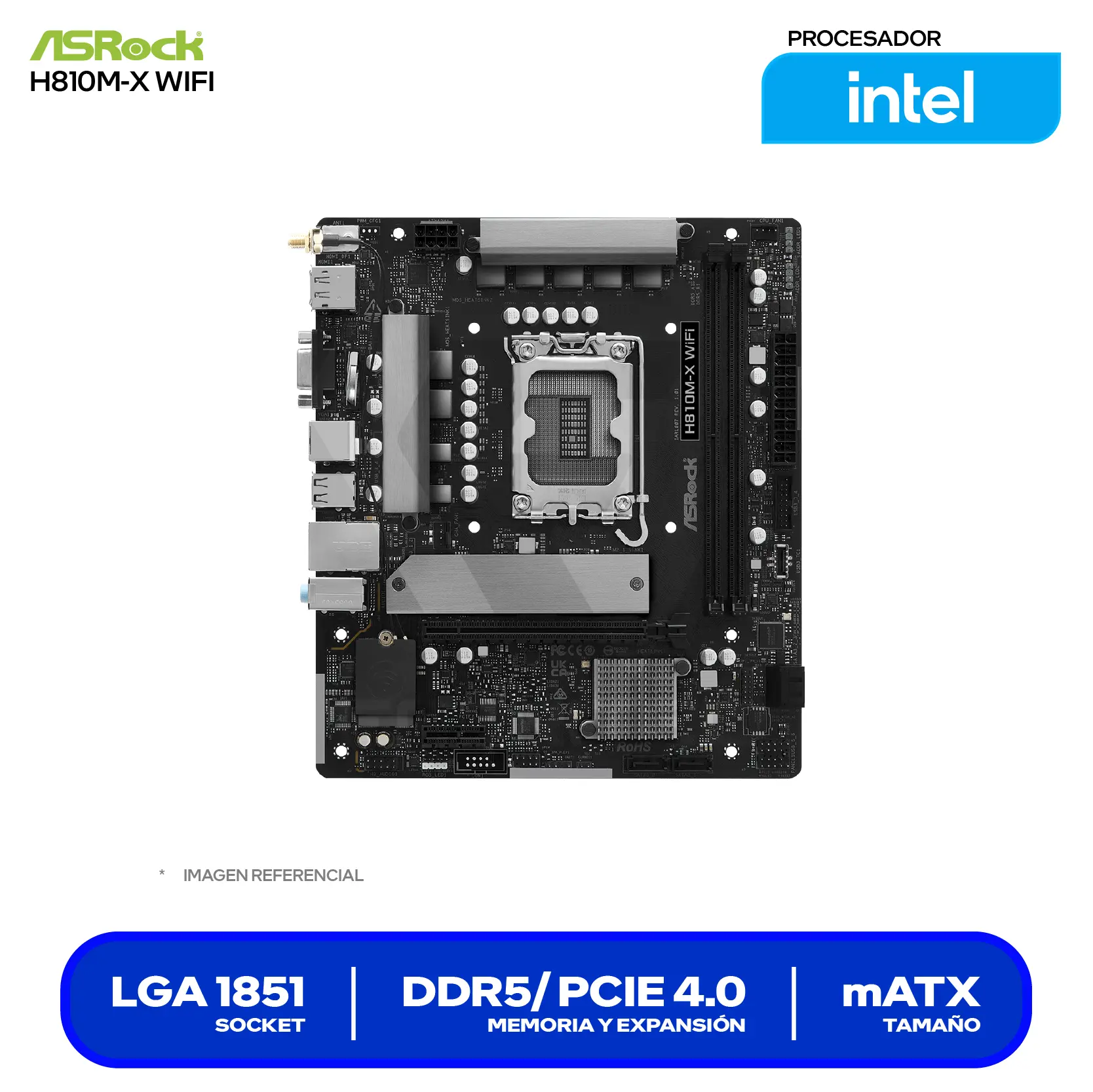 Placa Madre ASRock H810M-X WIFI (90-MXBS60-A0UAYAZ) LGA1851, DDR5, mTX