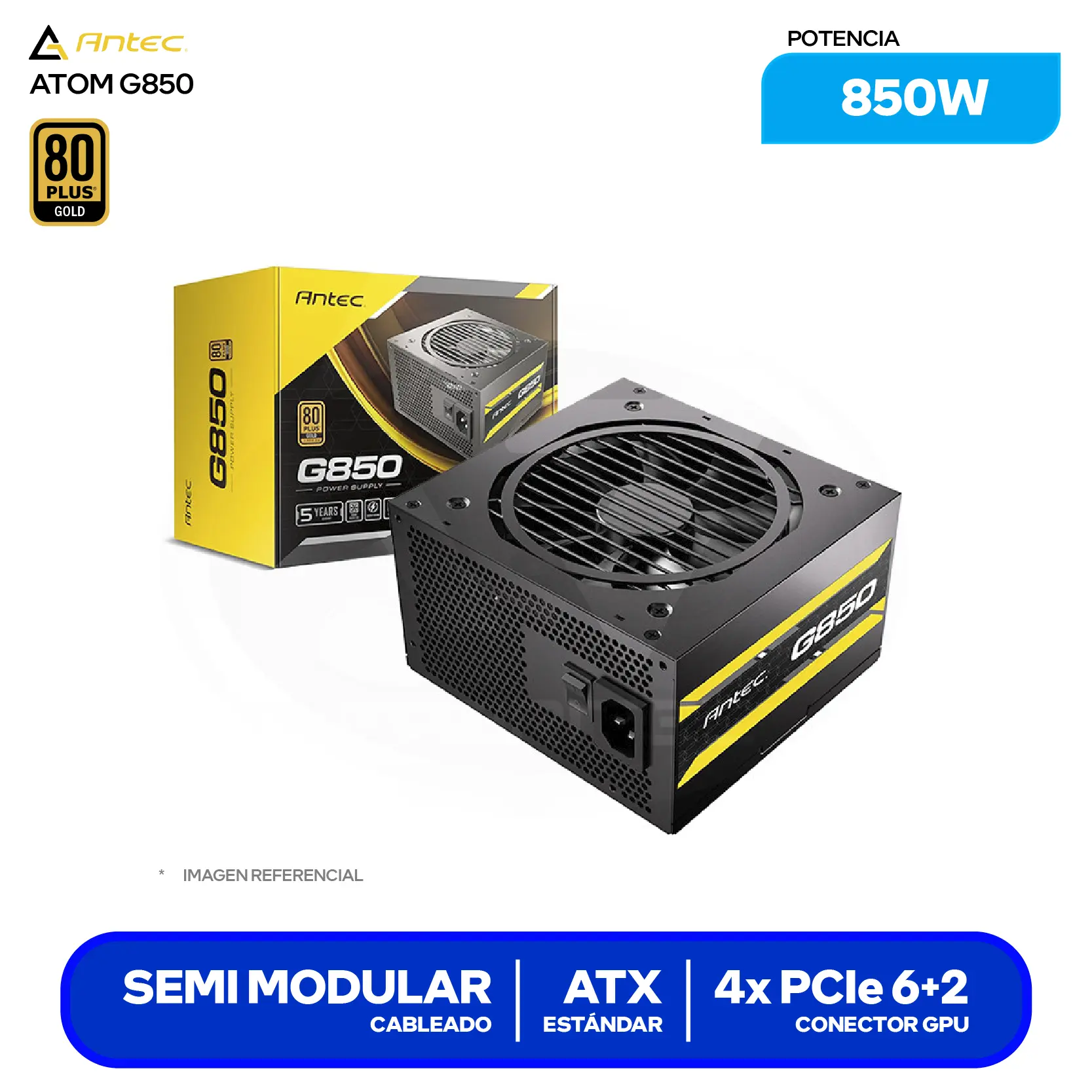 Fuente de Poder Antec Atom G850 850W (ATOM G850 EC) 80 Plus Gold, Semi Modular