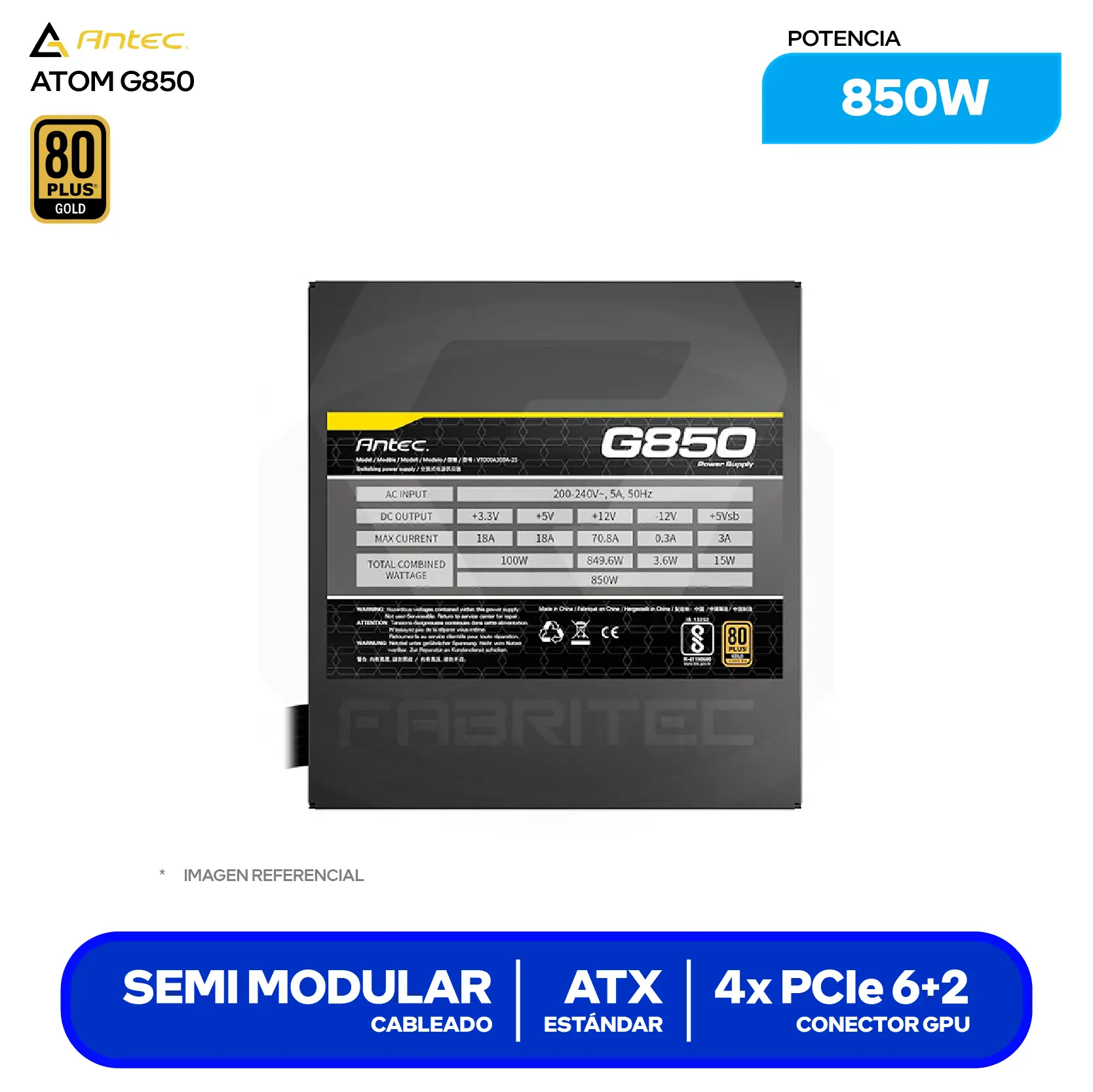 Fuente de Poder Antec Atom G850 850W (ATOM G850 EC) 80 Plus Gold, Semi Modular