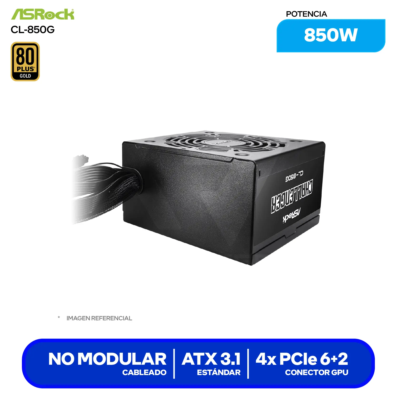 Fuente de Poder ASRock Challenger 850W (CL-850G) 80 Plus Gold, Semi Modular
