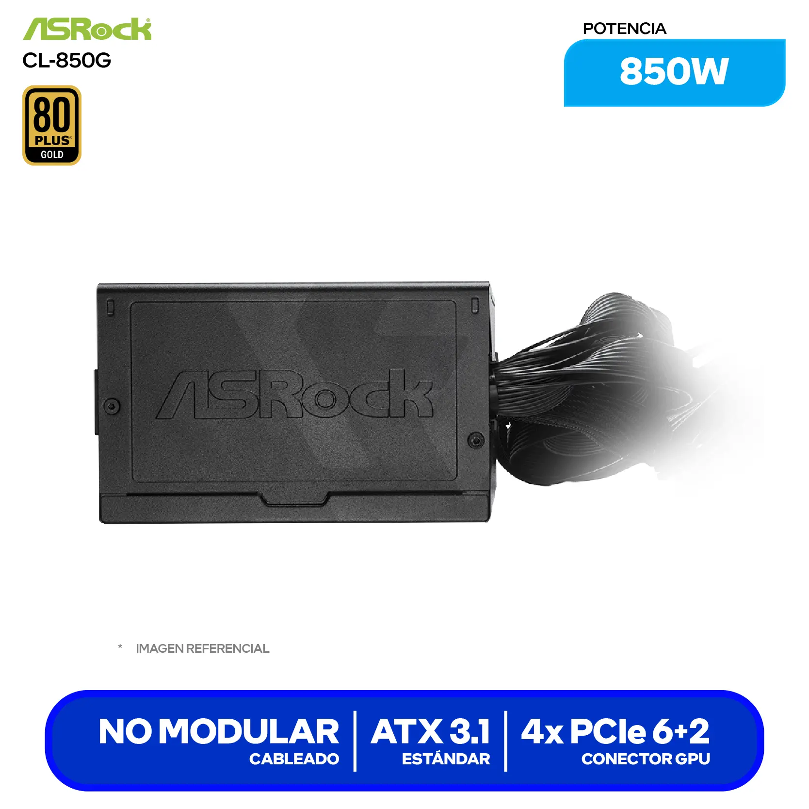 Fuente de Poder ASRock Challenger 850W (CL-850G) 80 Plus Gold, Semi Modular
