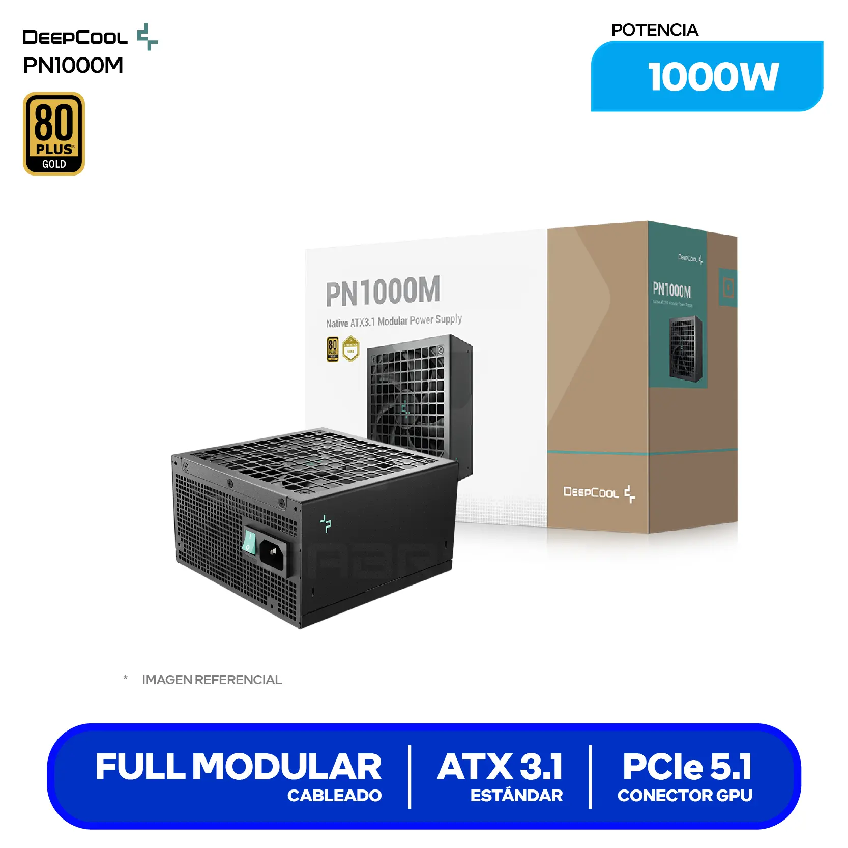 Fuente de Poder DeepCool PN1000M 1000W (R-PNA00M-FC0B-JGUS) 80 Plus Gold, Full Modular