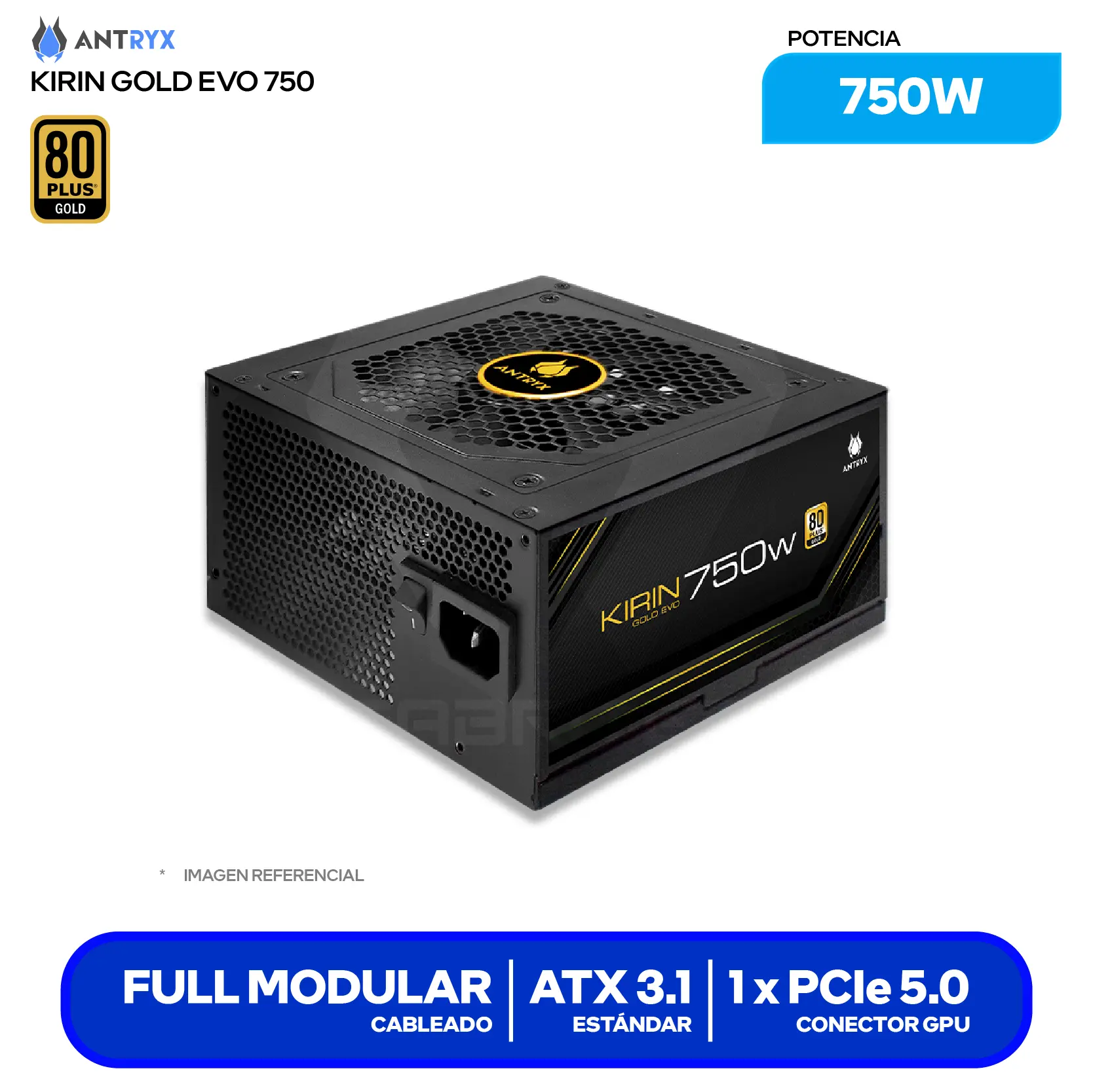 Fuente de Poder Antryx Kirin Gold EVO 750W (GPX750SE) 80 Plus Gold, Full Modular