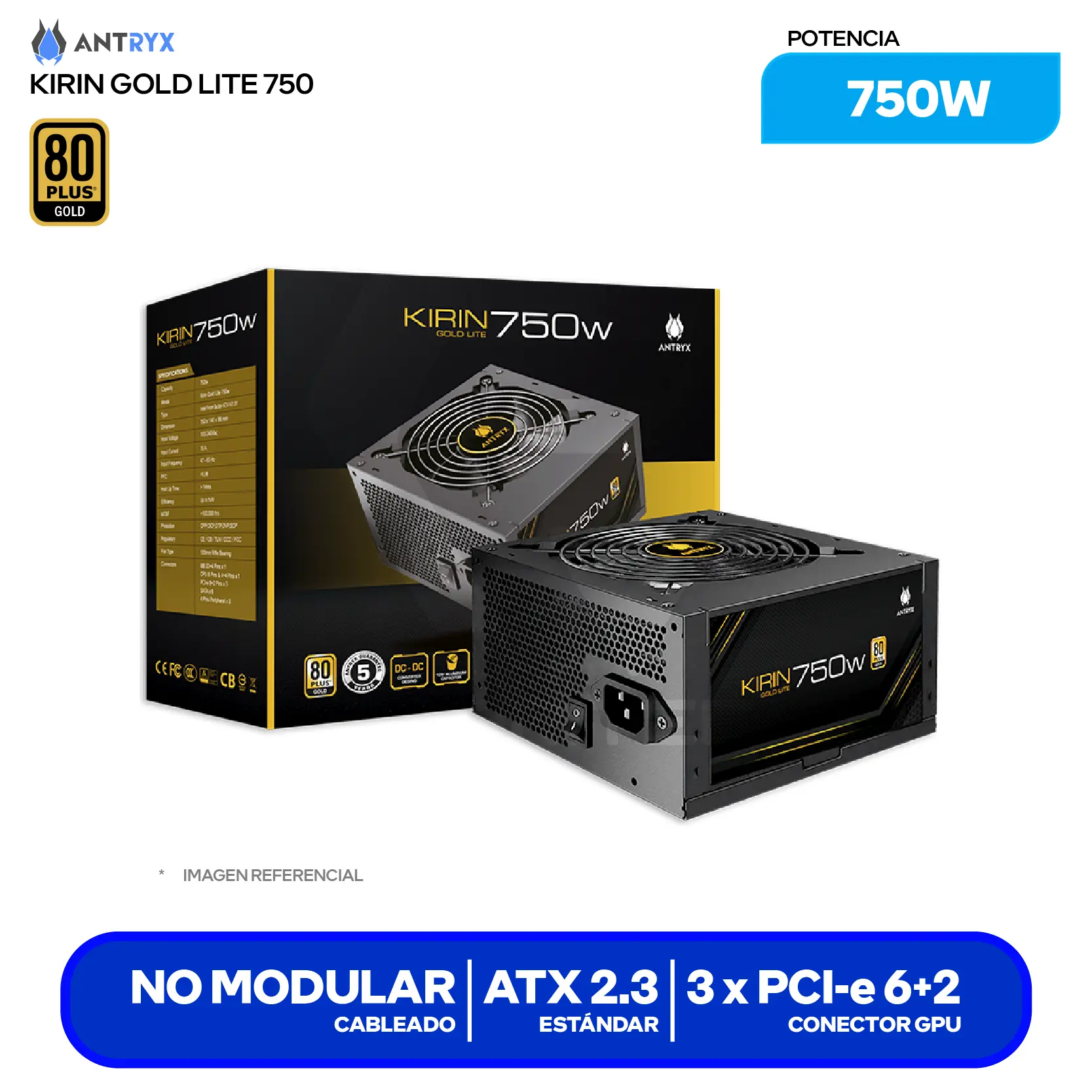 Fuente de Poder Antryx Kirin Gold Lite 750W (GPW750S) 80 Plus Gold, No Modular