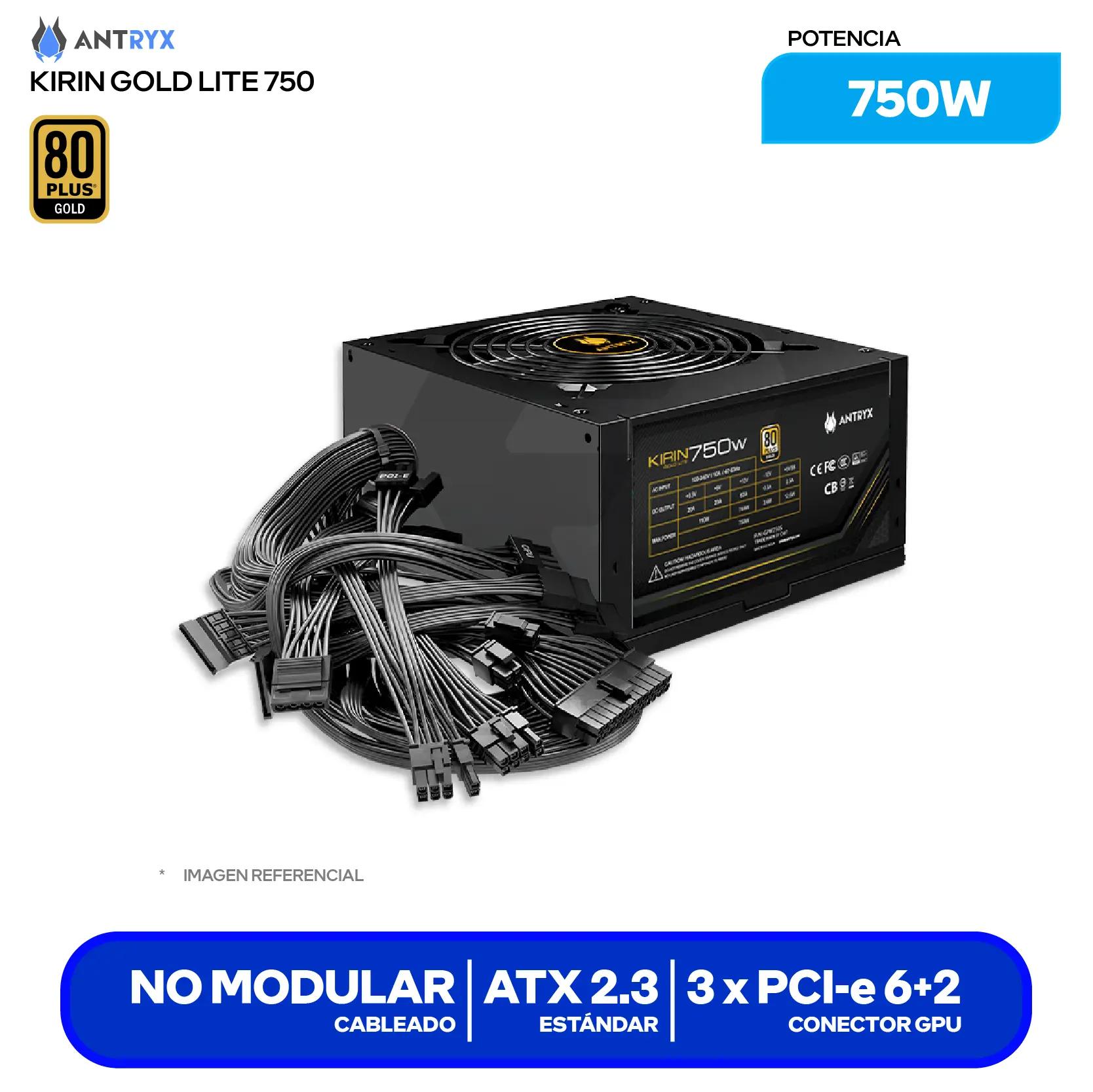 Fuente de Poder Antryx Kirin Gold Lite 750W (GPW750S) 80 Plus Gold, No Modular