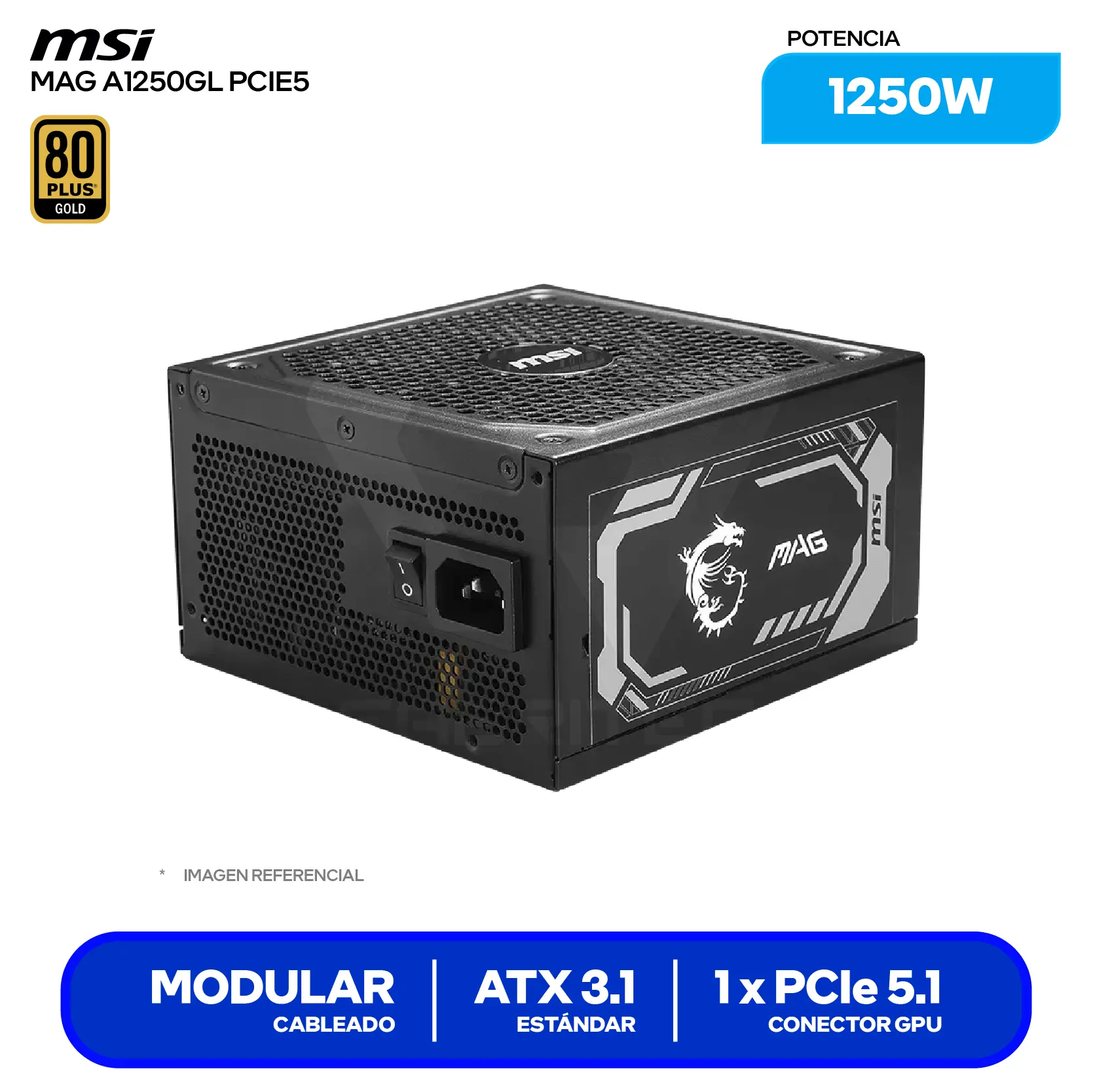 Fuente de Poder MSI MAG A1250GL PCIE5 1250W (MAG A1250GL PCIE5) 80 Plus Gold, Full Modular