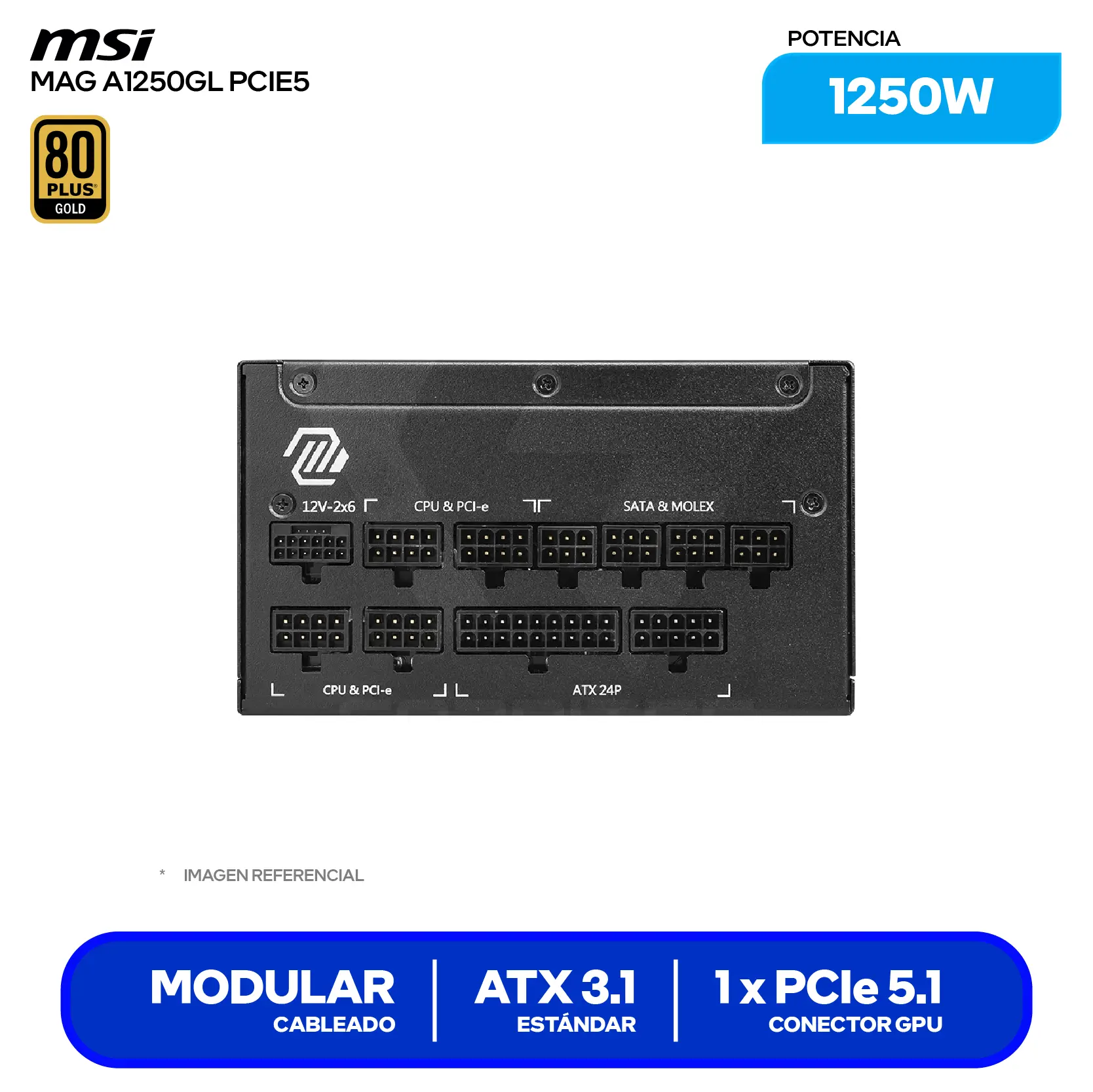 Fuente de Poder MSI MAG A1250GL PCIE5 1250W (MAG A1250GL PCIE5) 80 Plus Gold, Full Modular