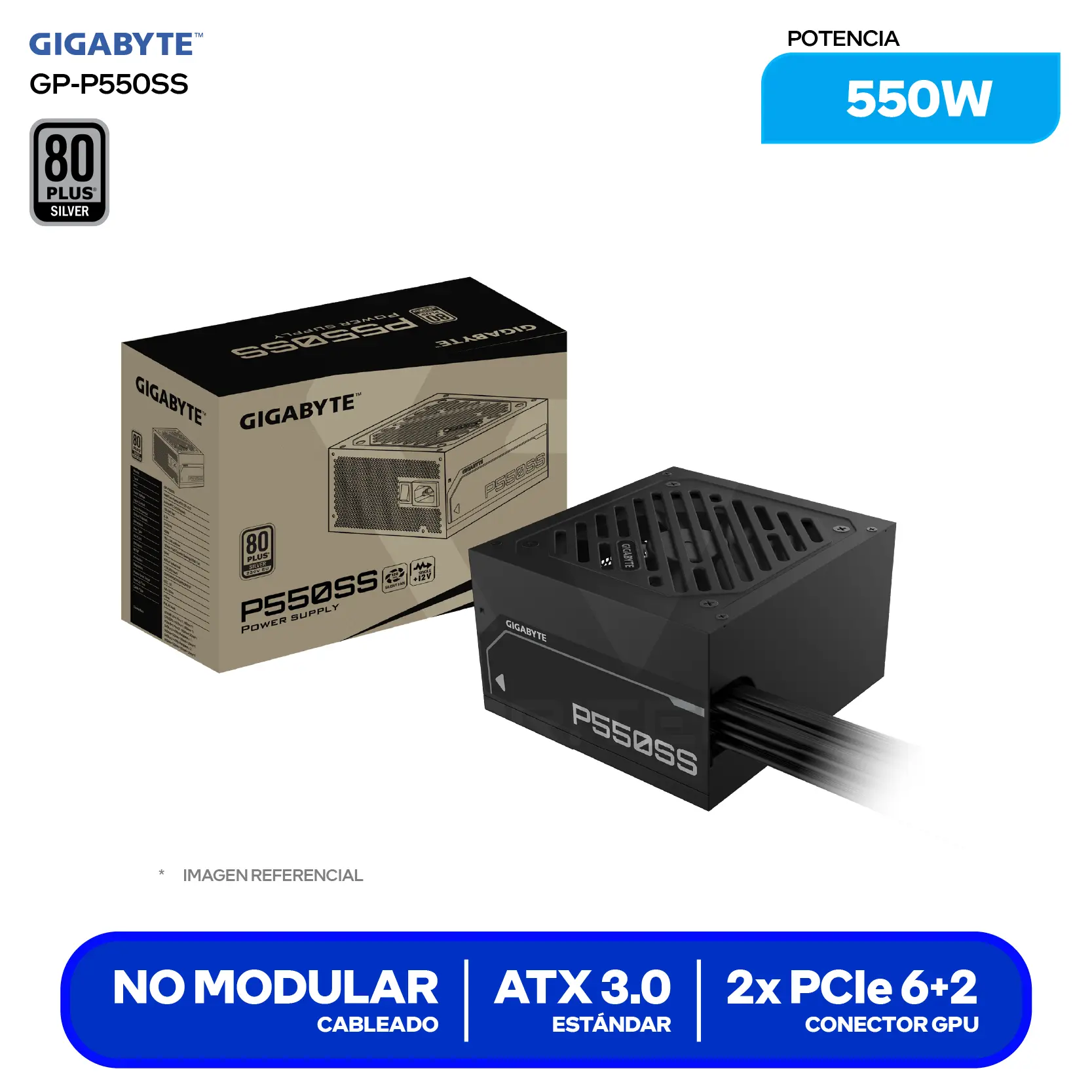 Fuente de Poder Gigabyte P550SS 550W (GP-P550SS) 80 Plus Silver, No Modular