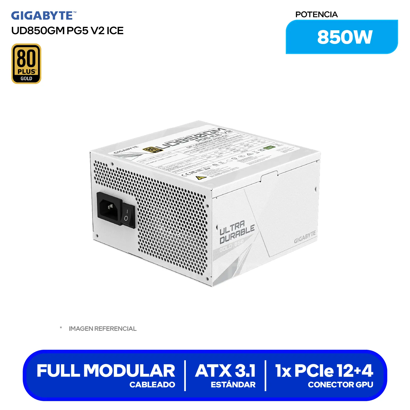 Fuente de Poder Gigabyte UD850GM PG5 ICE 850W (28200-U85GI-1CUSR) 80 Plus Gold, Full Modular