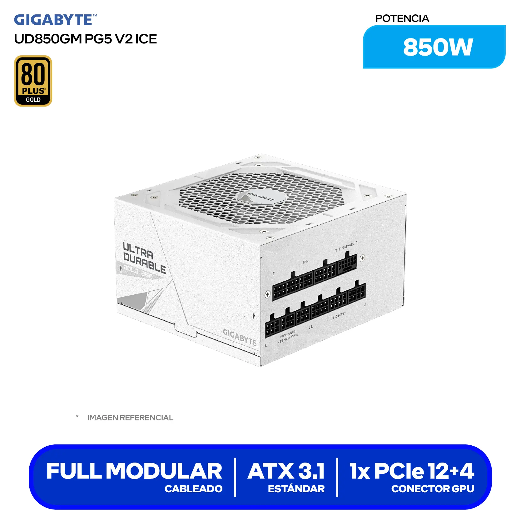 Fuente de Poder Gigabyte UD850GM PG5 ICE 850W (28200-U85GI-1CUSR) 80 Plus Gold, Full Modular