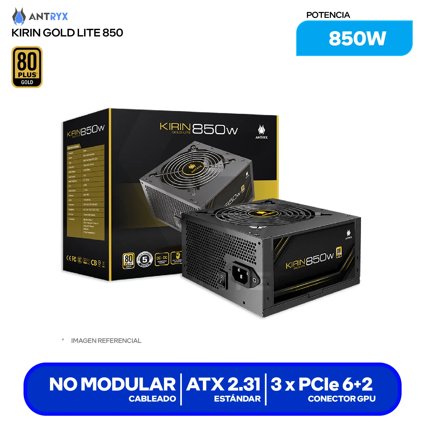 Fuente de Poder Antryx Kirin Gold Lite 850W (GPW850S) 80 Plus Gold, No Modular