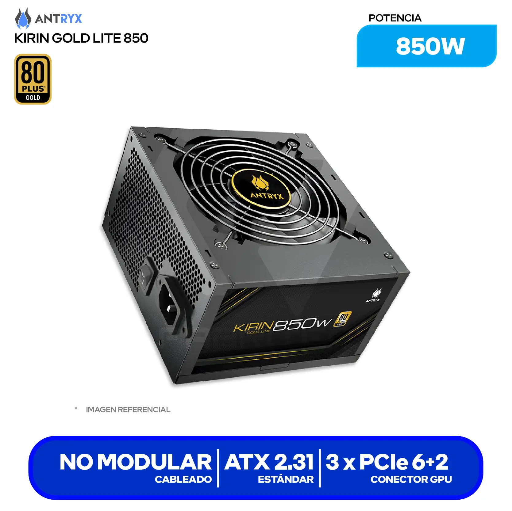 Fuente de Poder Antryx Kirin Gold Lite 850W (GPW850S) 80 Plus Gold, No Modular