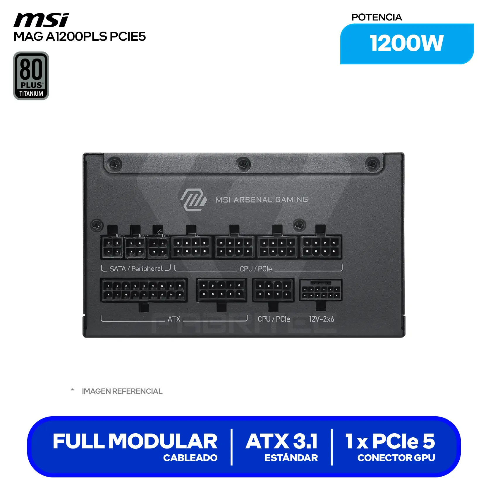 Fuente de Poder MSI MAG A1200PLS PCIE5 1200W (MAG A1200PLS PCIE5) 80 Plus Platinum, Full Modular