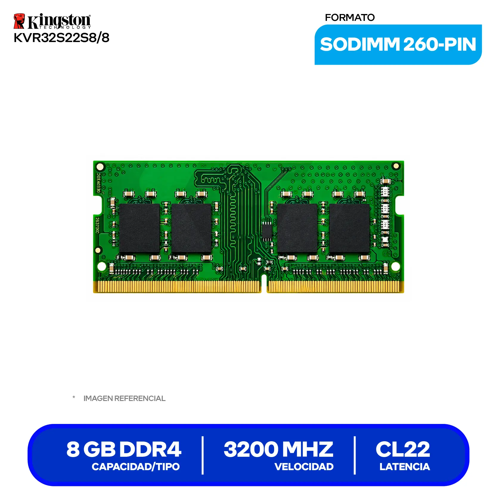 Memoria SO-DIMM Kingston ValueRAM (KVR32S22S8/8) 8GB, DDR4, 3200 MHz