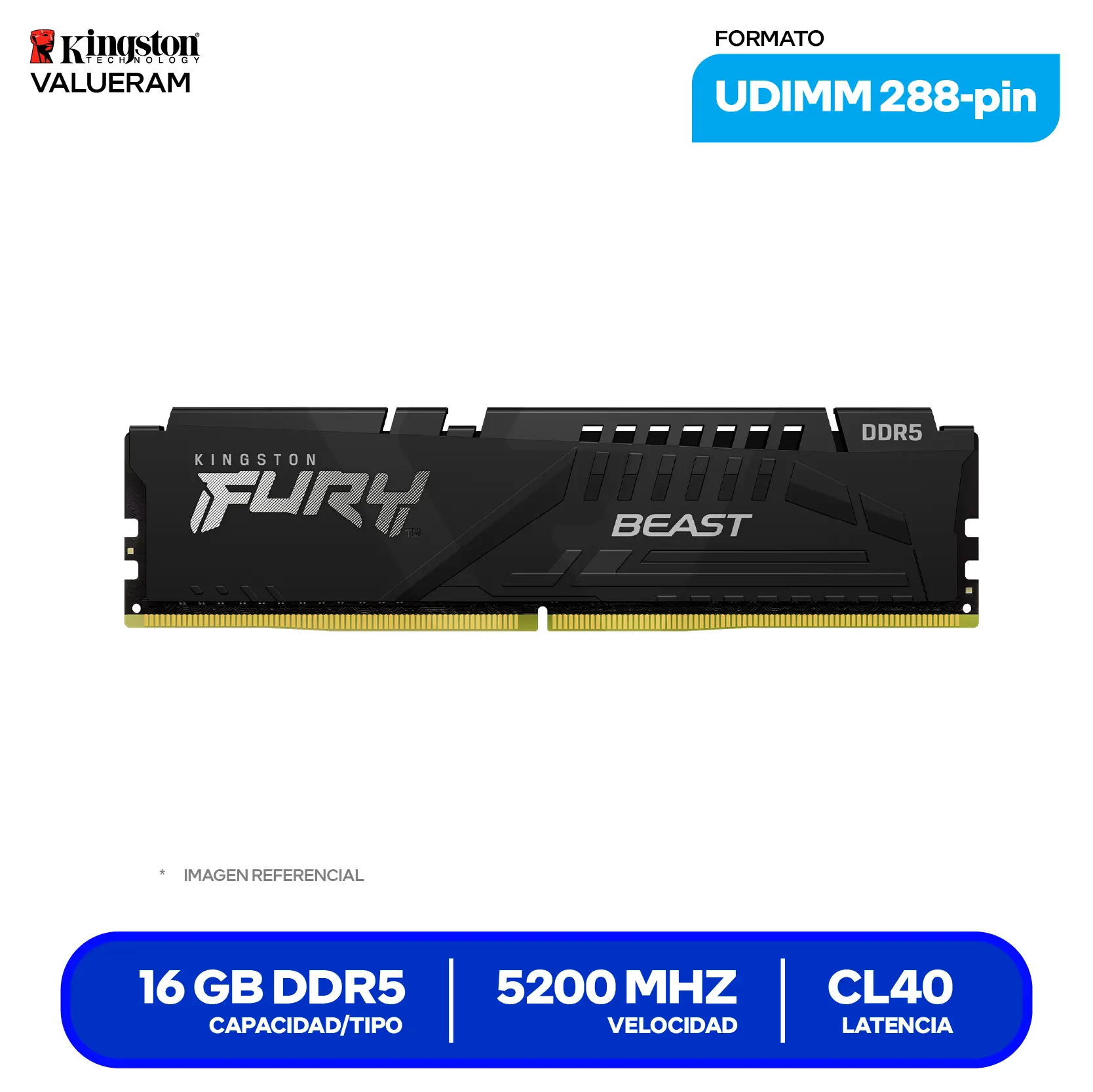 Memoria DIMM Kingston Fury Beast (KF552C40BB-16) 16GB, DDR5, 5200 MHz